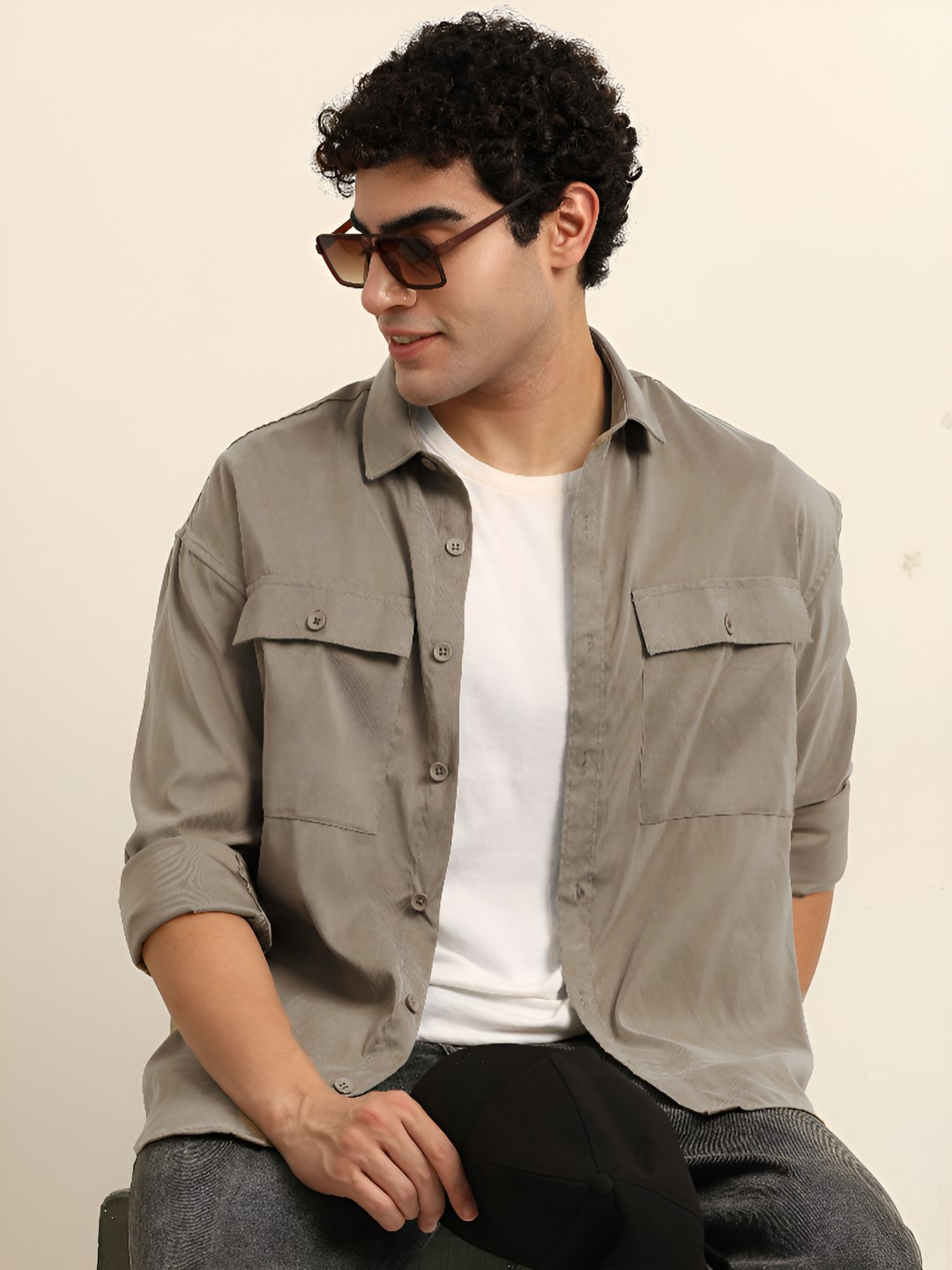 Bushirt Men Spread Collar Oversize Fit Shacket