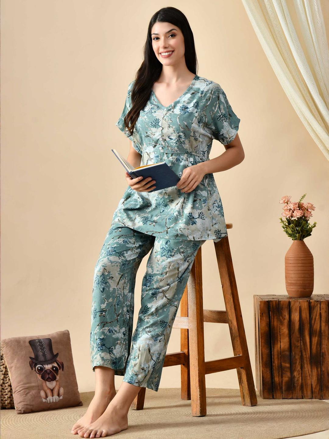 Floral Printed Empire Waist Womens Night Suit