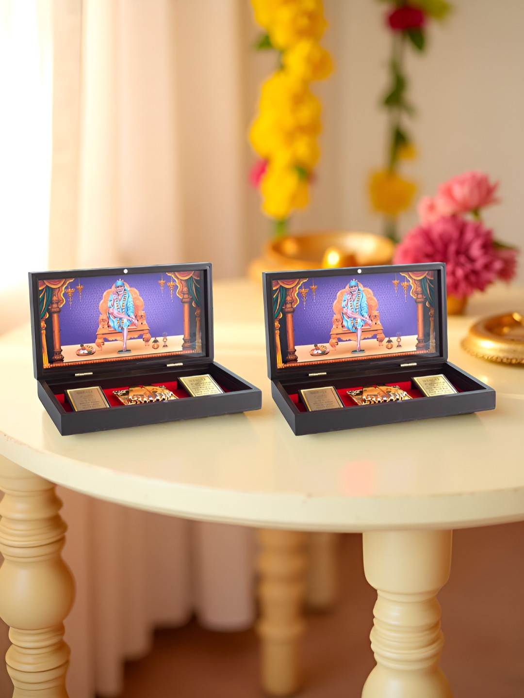 Golden Peacock 2-Pcs Brown 24 CT Gold Foil Sai Baba Pooja Box