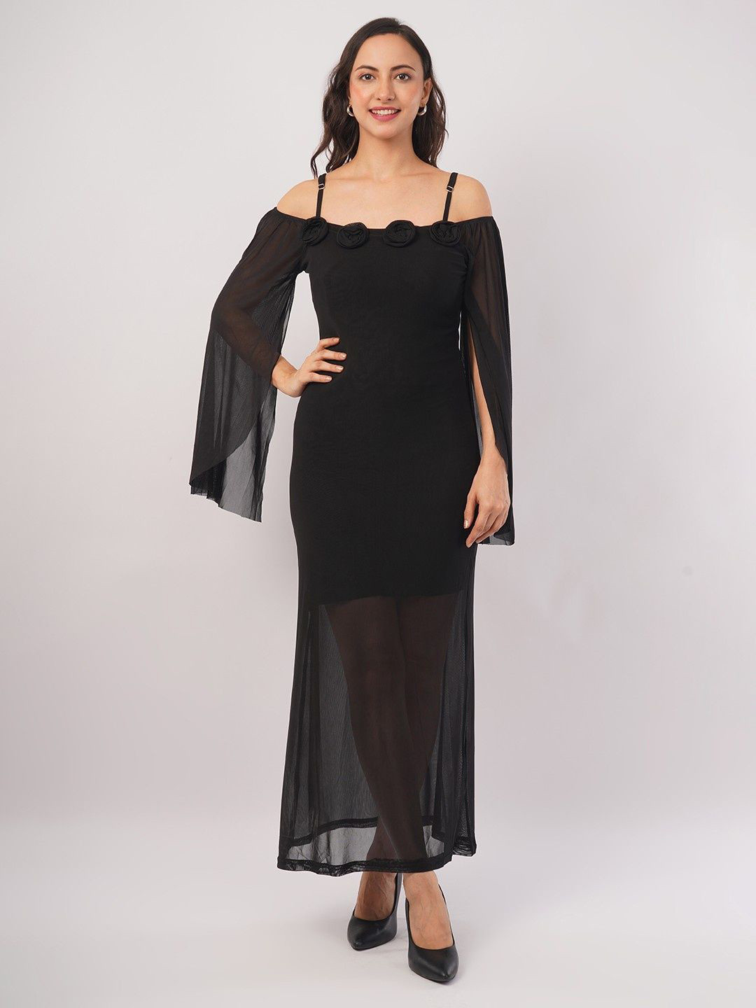 Deshi Girl Off-Shoulder Flared Sleeve Applique Fit & Flare Maxi Dress