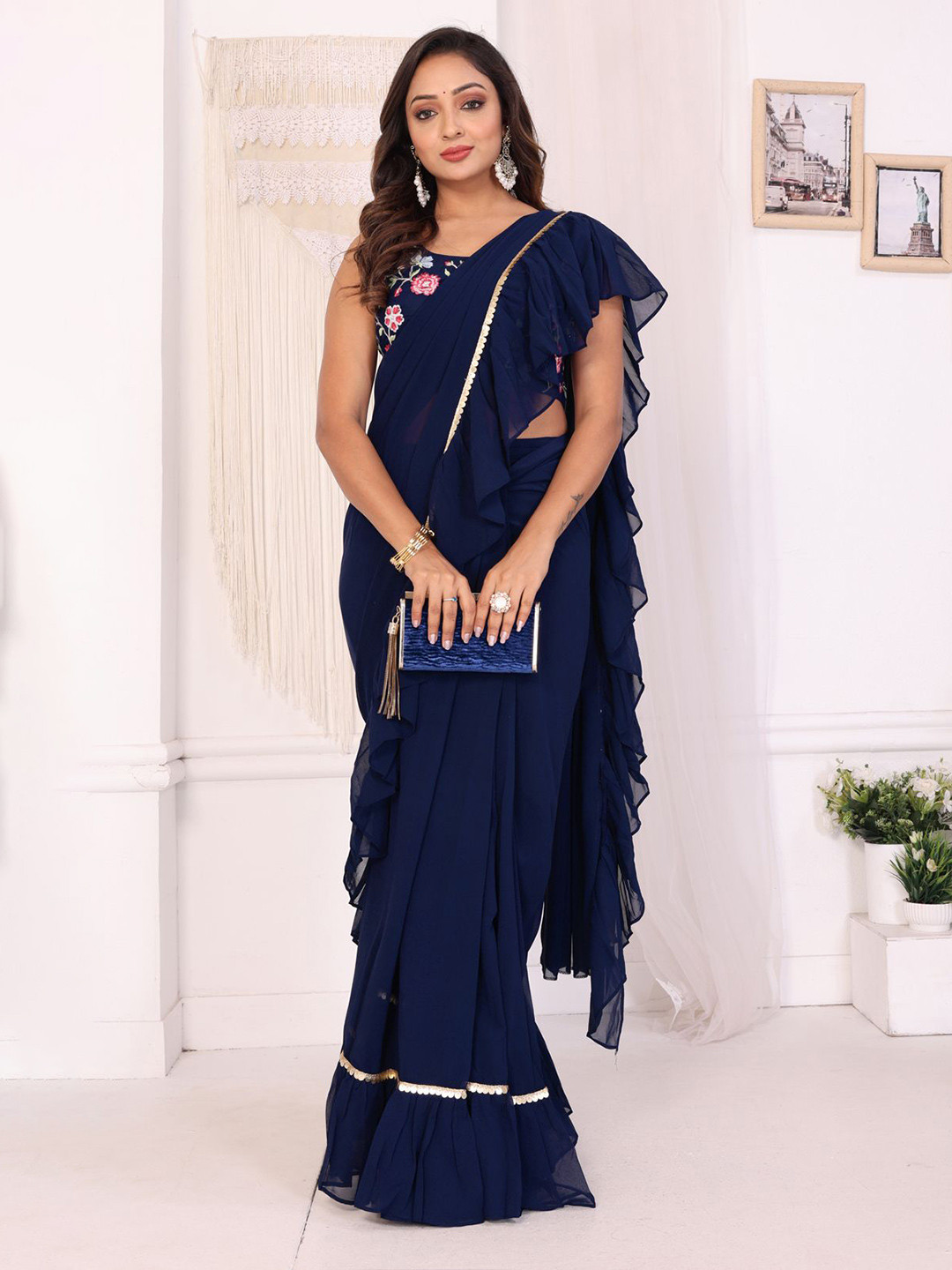 PATLANI STYLE Ready to Wear Georgette Ruffle Saree With Unstitched Embroidered Blouse