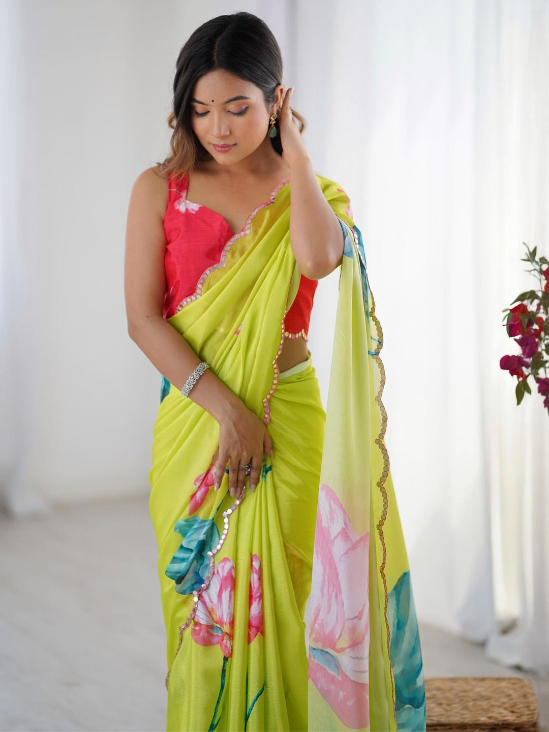 Kalista Floral Printed Mirror Work Pure Chiffon Saree with Blouse Piece