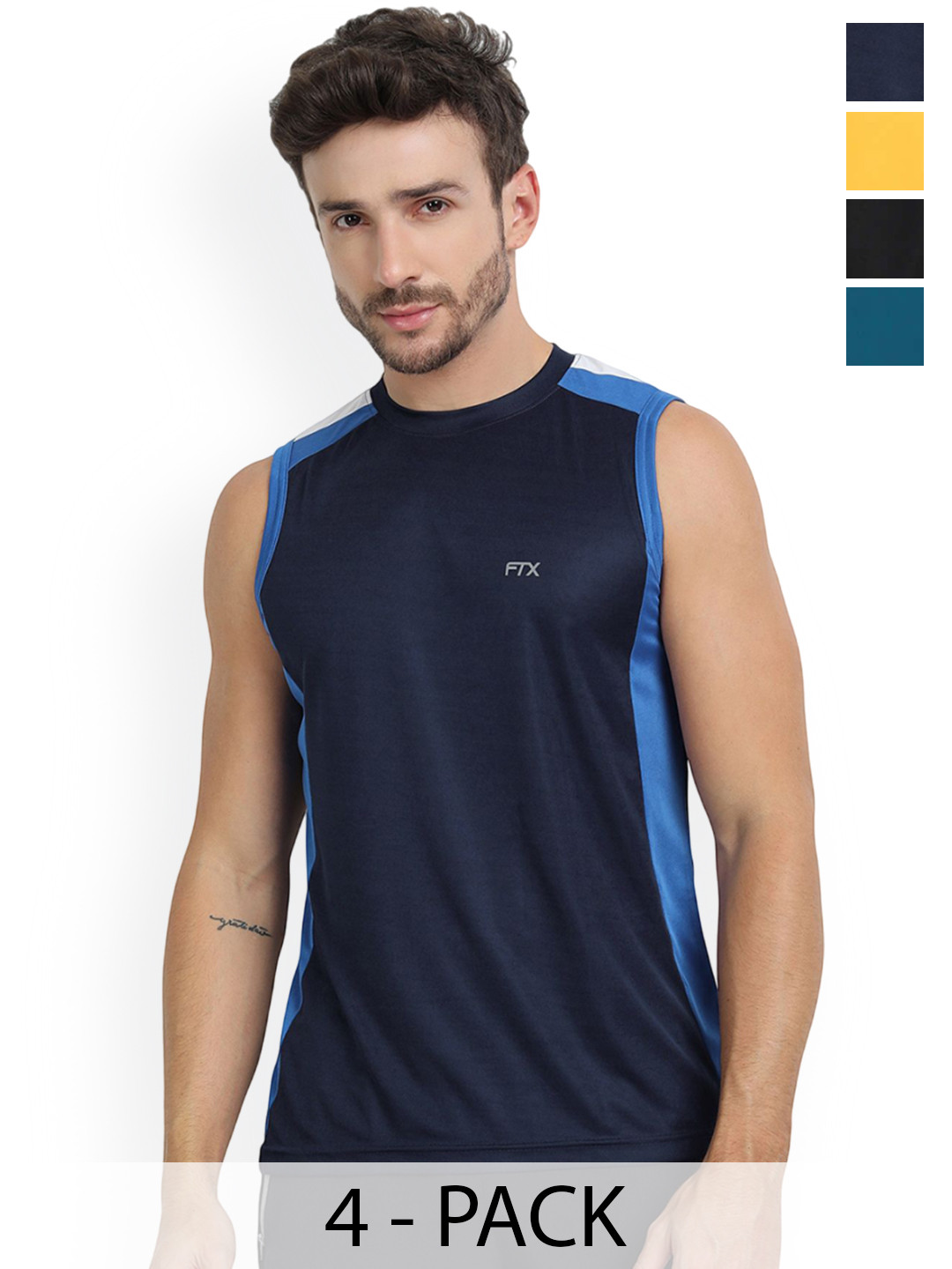 FTX Pack Of 4 Color Blocked Round Neck Gym Vests 709-2_709-8_709-10_709-15-S