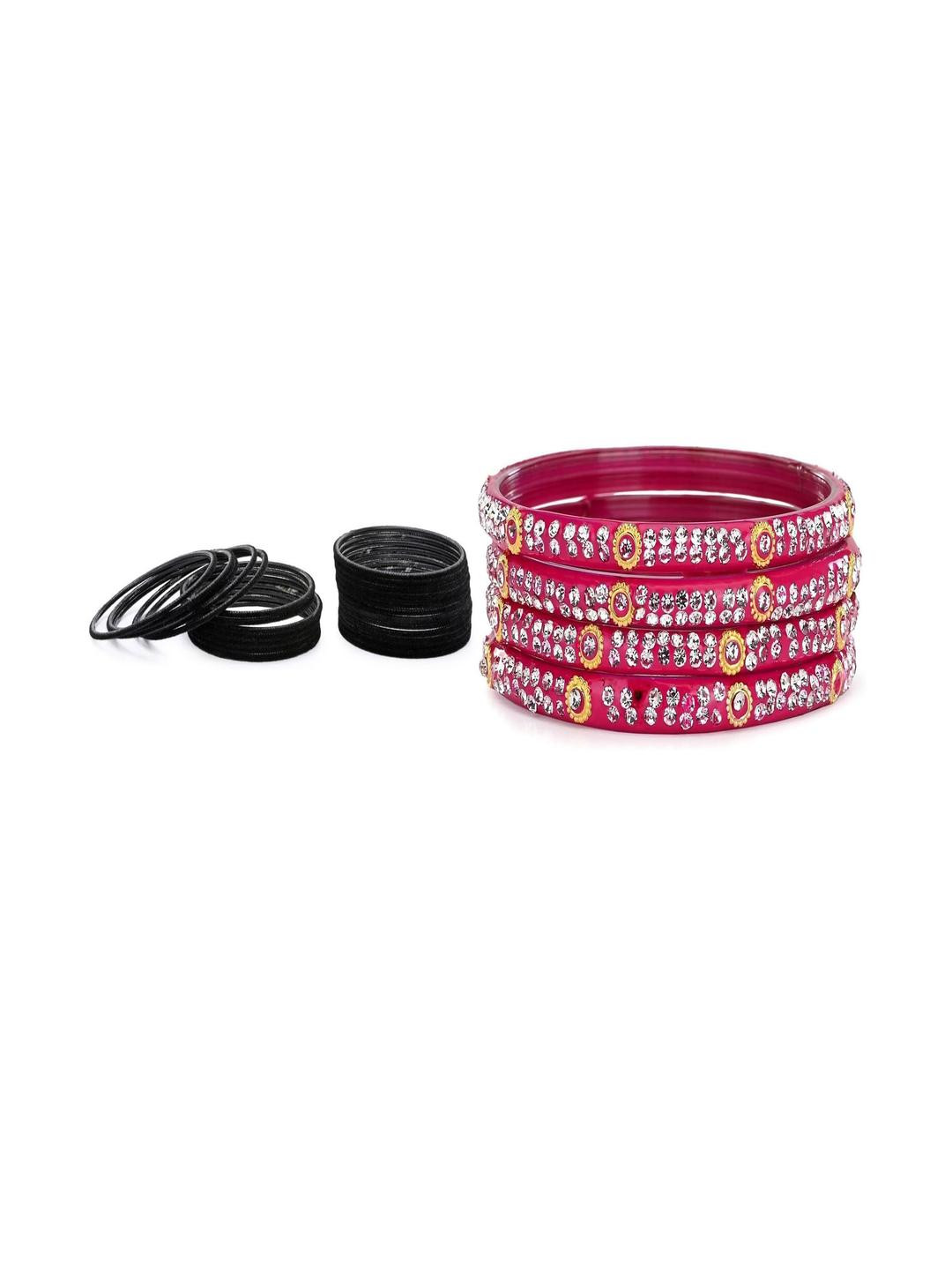 Somil Elegant Women Black & Pink Pack Of 28 Handmade Traditional Glass Bangle Set