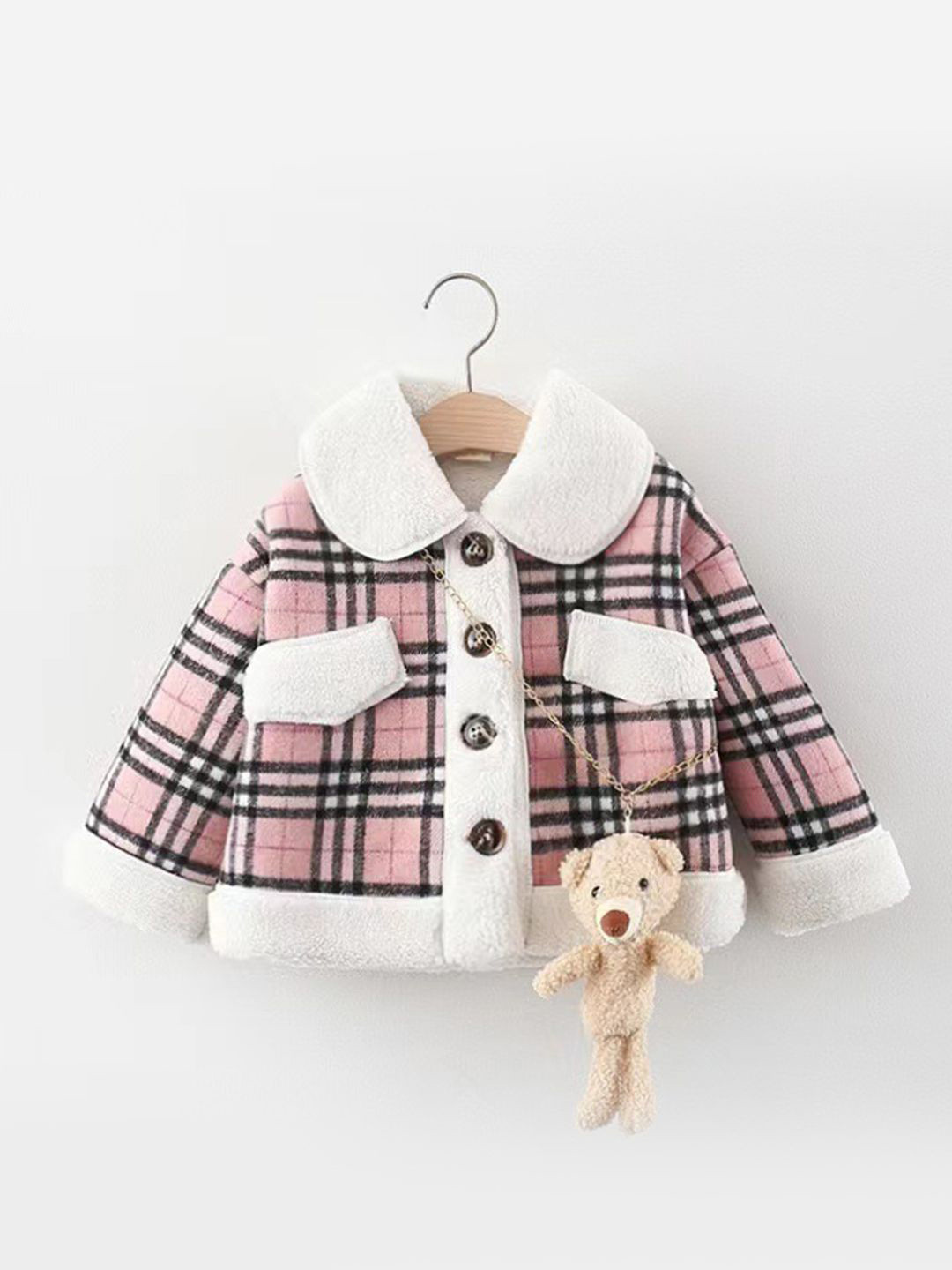 YK Girls Checked Peter Pan Collar Faux Leather Trim Crop Cotton Sherpa Jacket