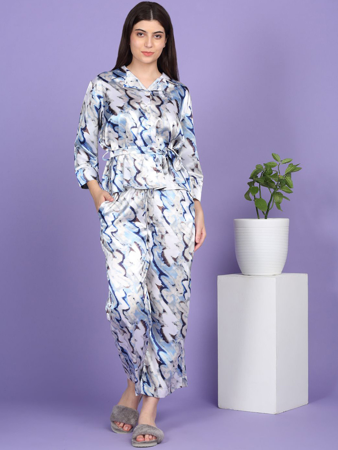 Sweet Dreams Women Shirt Collar Abstract Printed Satin Shirt & Pyjamas Night Suit