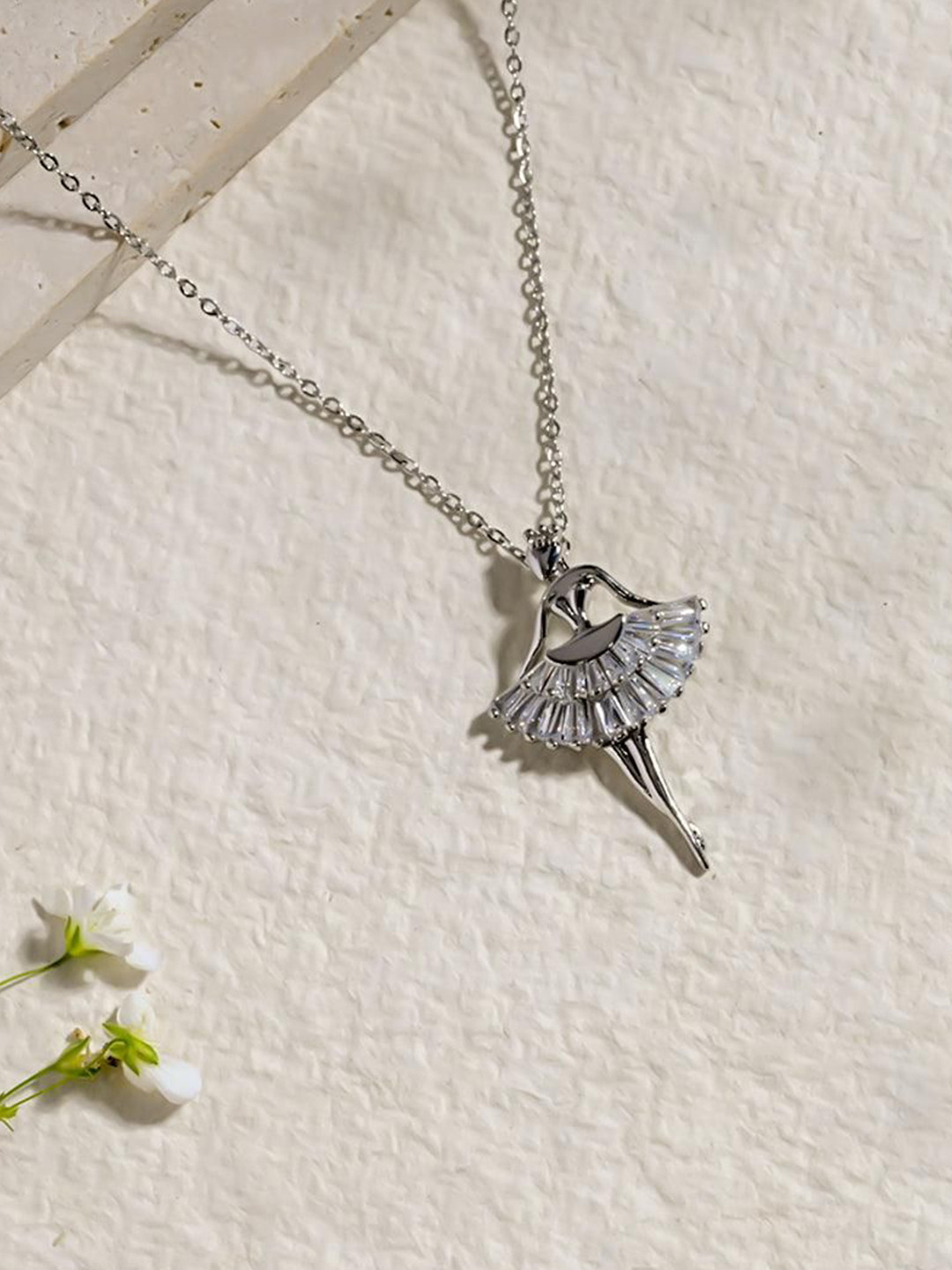 Estailo fashion Women Silver-Plated Stones-Studded Dancing Doll Pendant With Chain