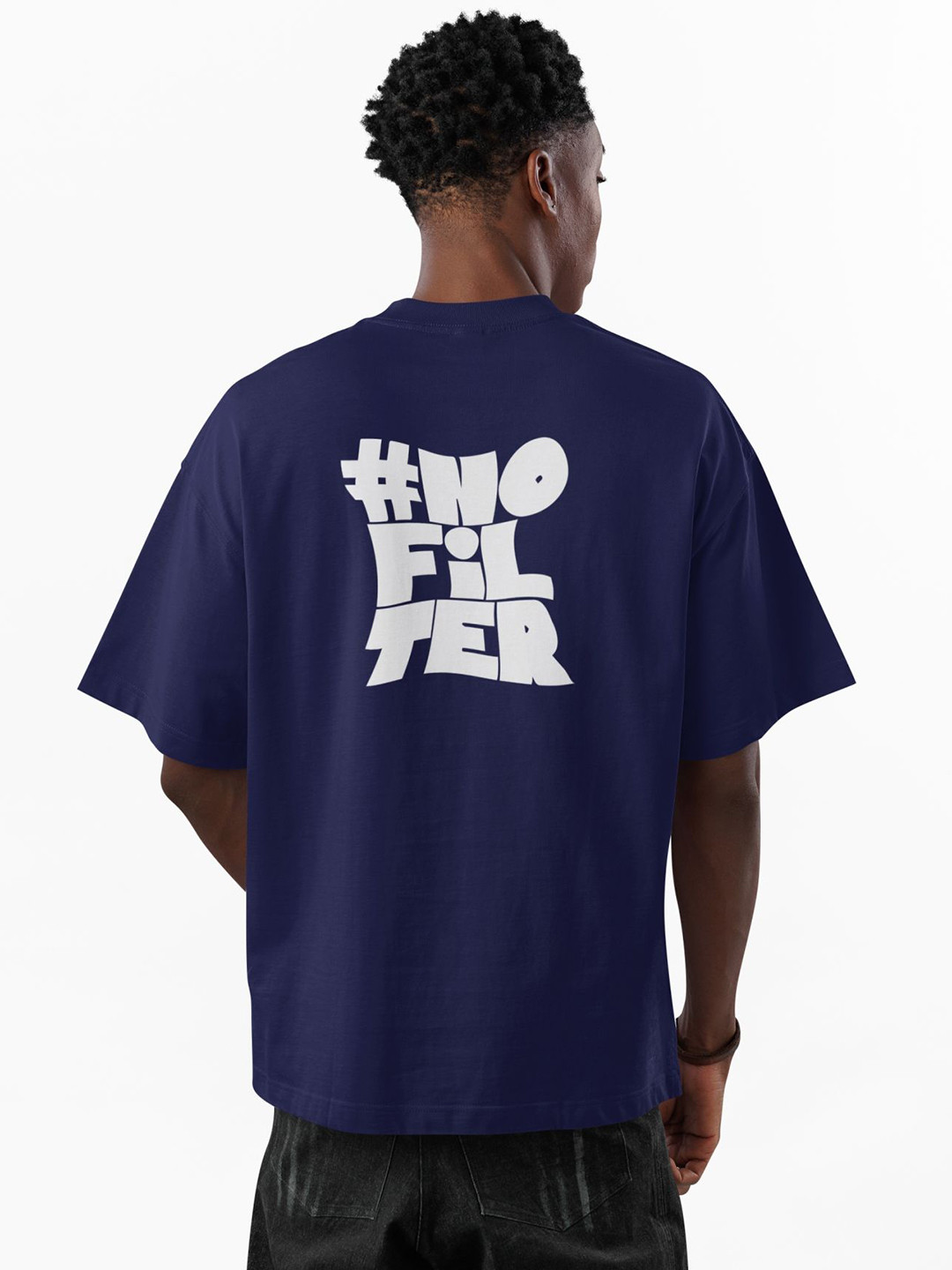 MOZIGO Navy Blue Typography Printed Oversized Cotton T-shirt