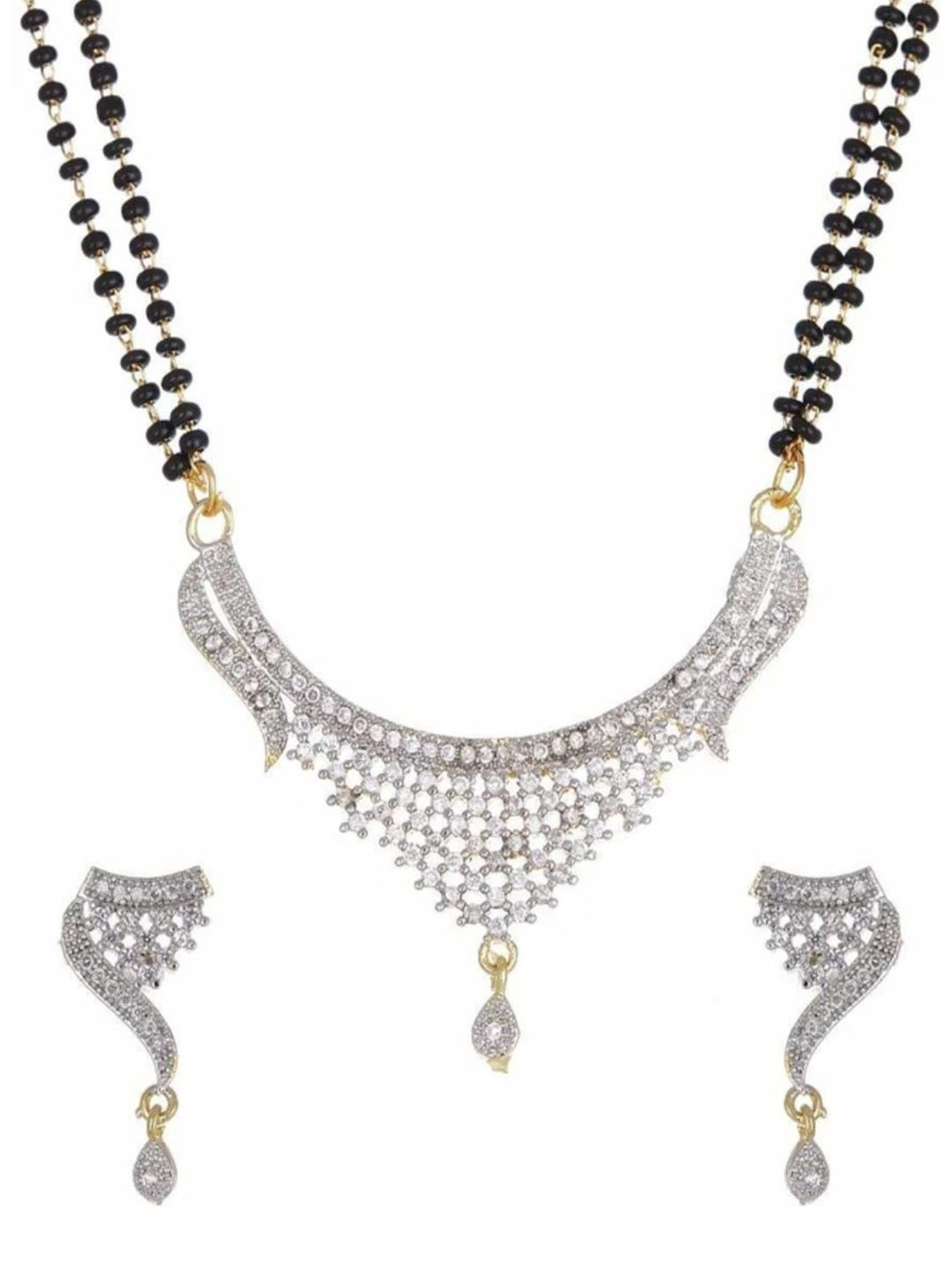 Arjun Traders Silver-Plated American Diamonds Studded And Beaded Mangalsutra With Earrings