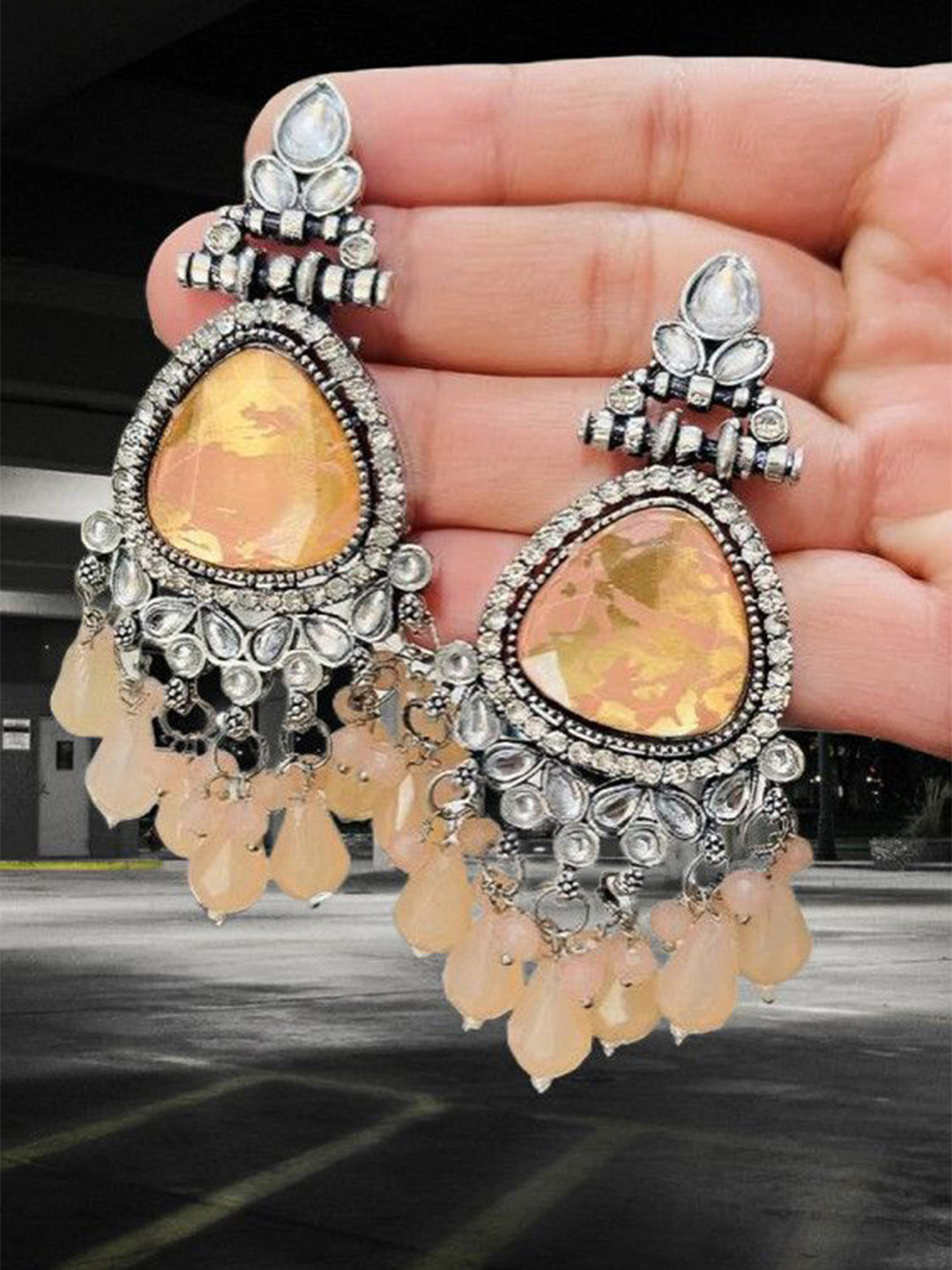 OPUS GEMS Artificial Stones Studded And Beaded Triangular Chandelier Drop Earrings