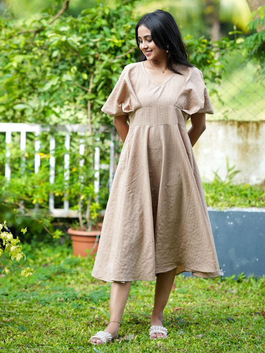 Eilaa Women Nude Midi Dress with V-Neck and Short Sleeves