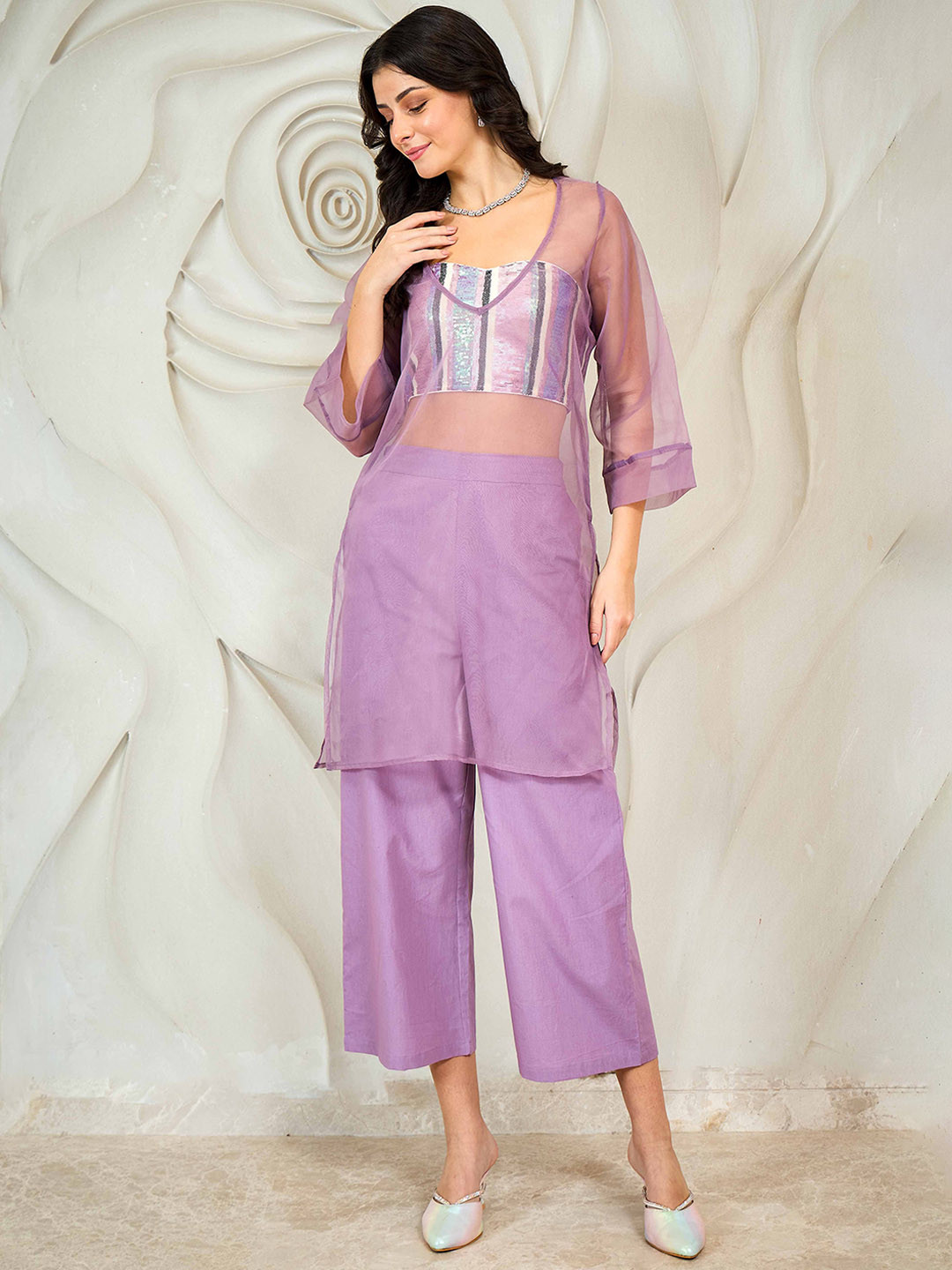 Shally Bhasin by Athena V Neck Sheer Top & Tunic With Trousers Co-Ords