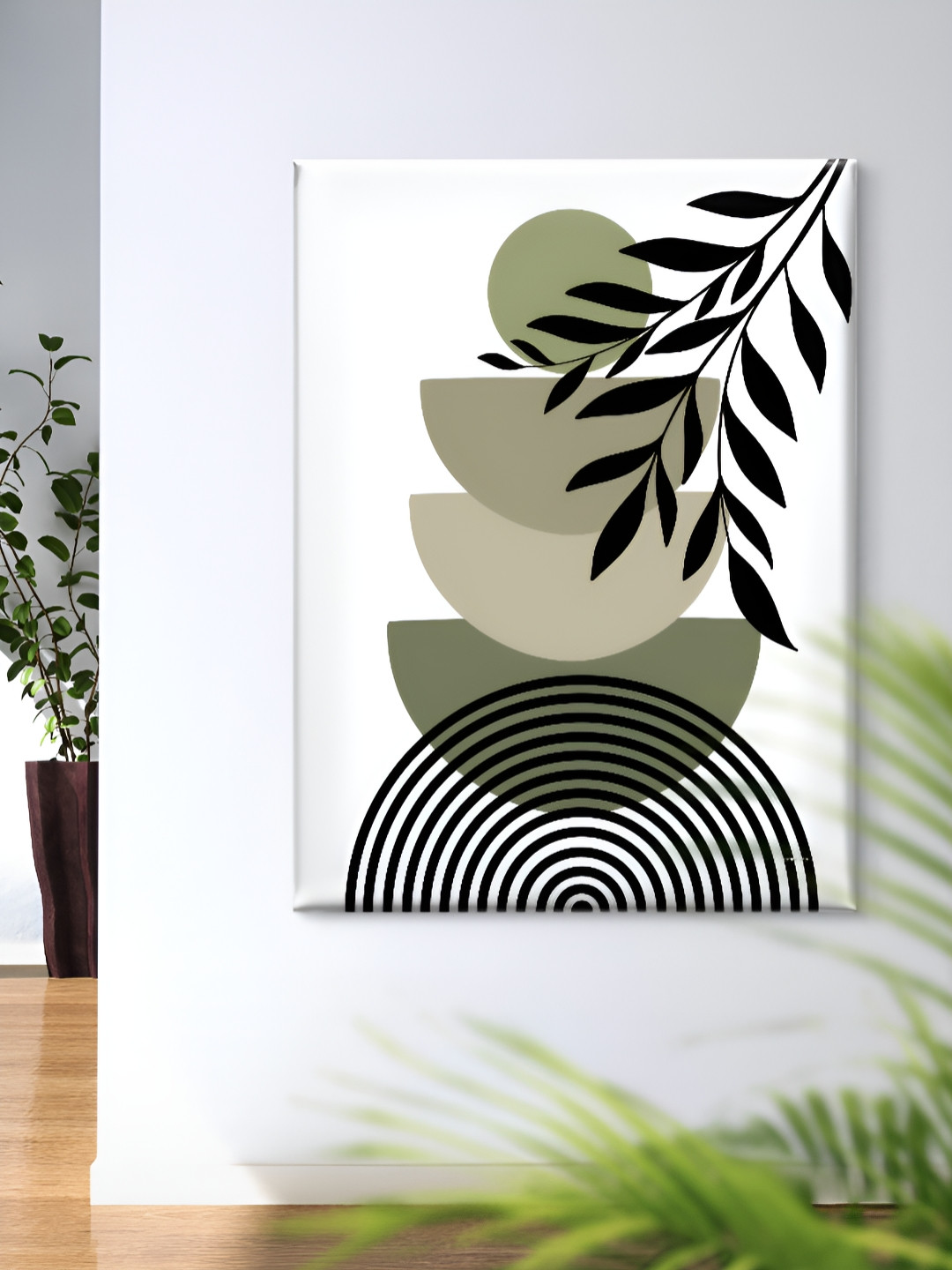 Livin'luxe White & Green Abstract Leaf & Circle Geometric Canvas Wall Art