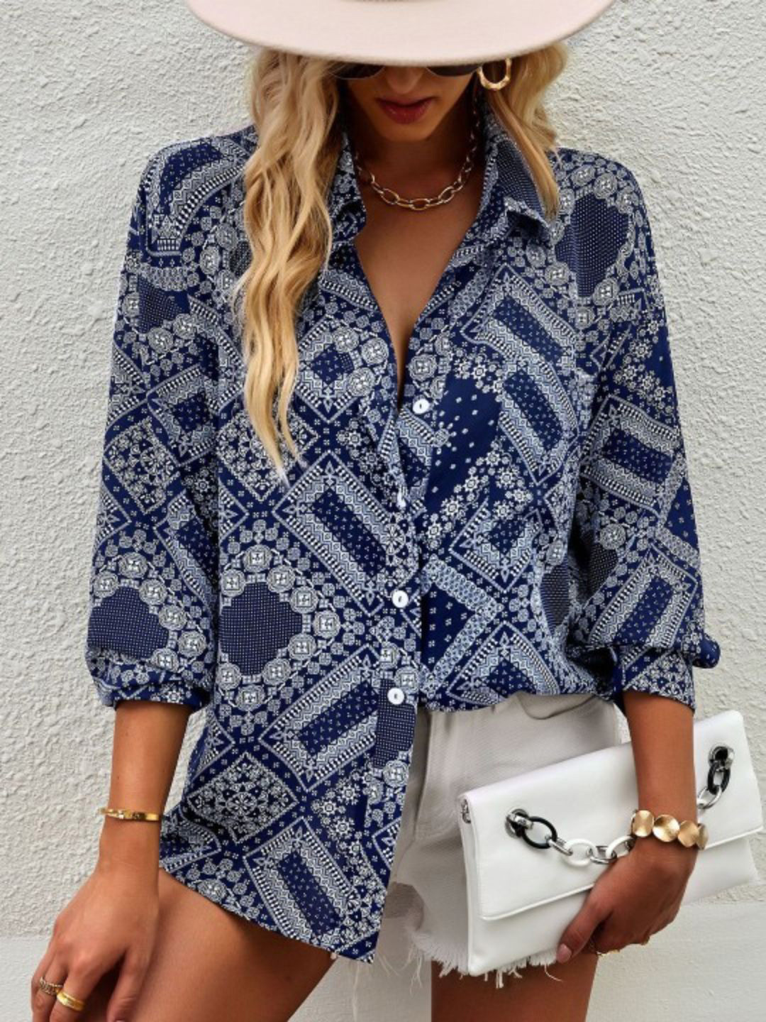 POPCULTR Women Geometric Printed Shirt Collar Regular Top