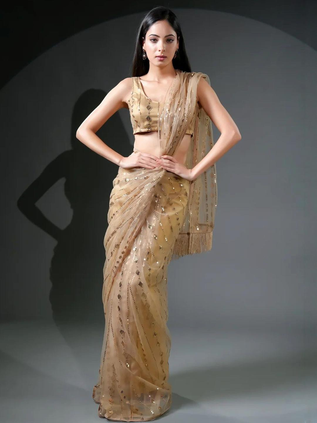 HANDME Vibrant Golden Embellished Saree and Unstitched Blouse