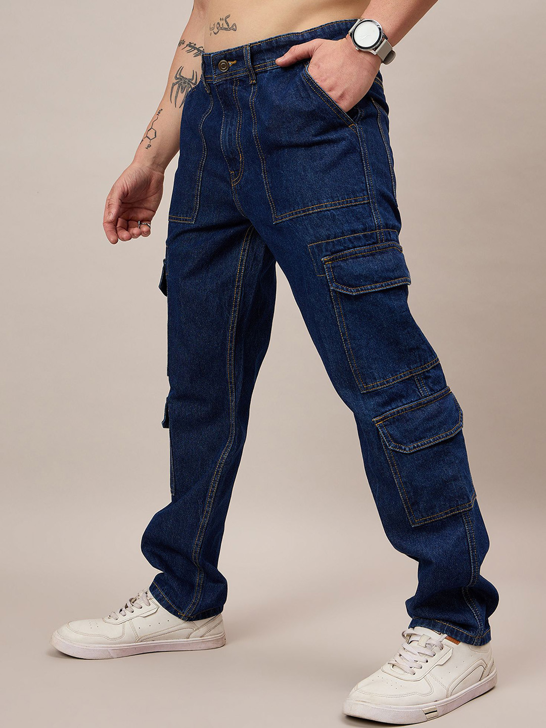 Mast & Harbour Men Loose Relaxed Fit Mid-Rise Cargo Styles Cotton Jeans