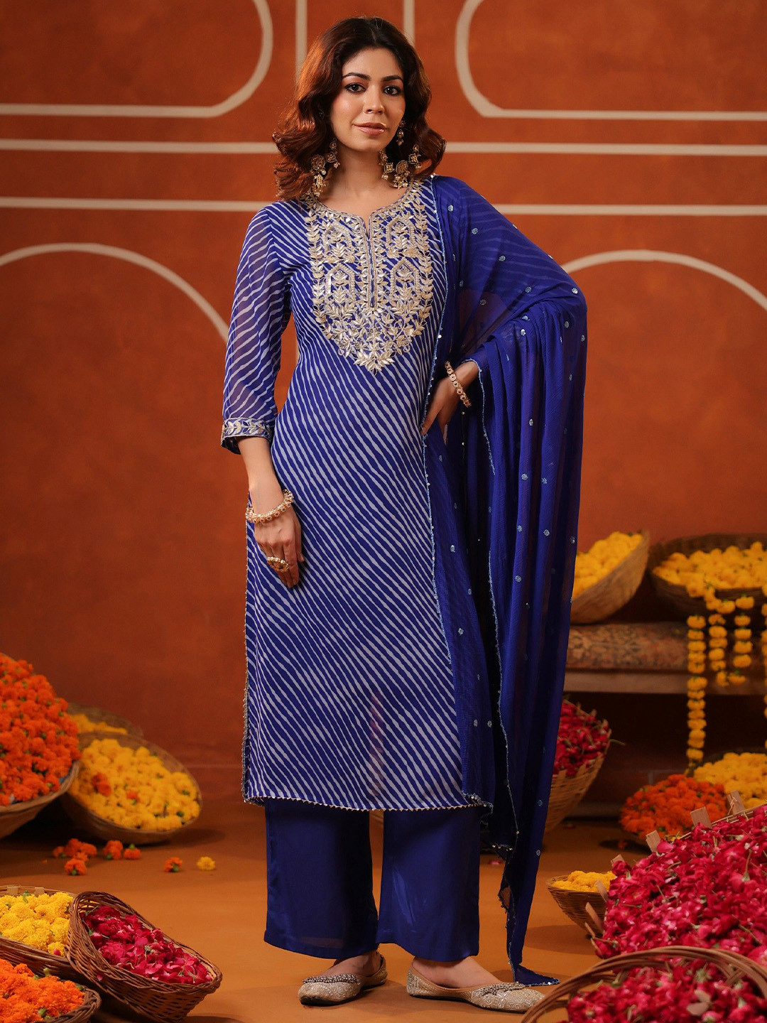 SCAKHI Women Blue Leheriya Georgette Embroidered Straight Suit Set