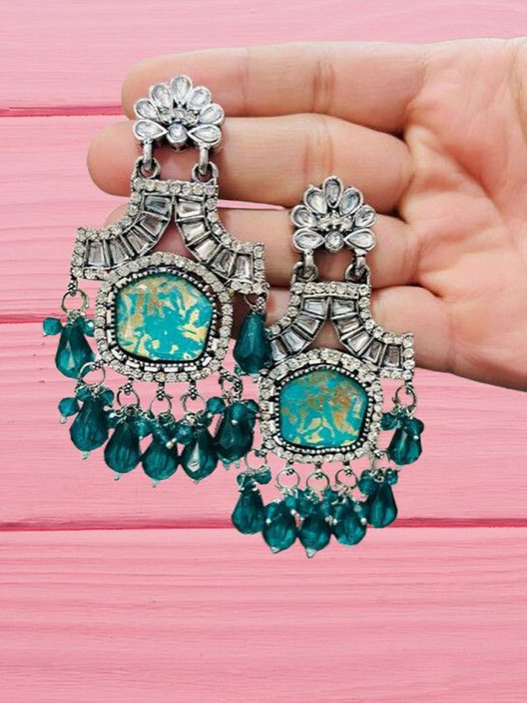 OPUS GEMS Artificial Stones Studded And Beaded Contemporary Chandelier Drop Earrings
