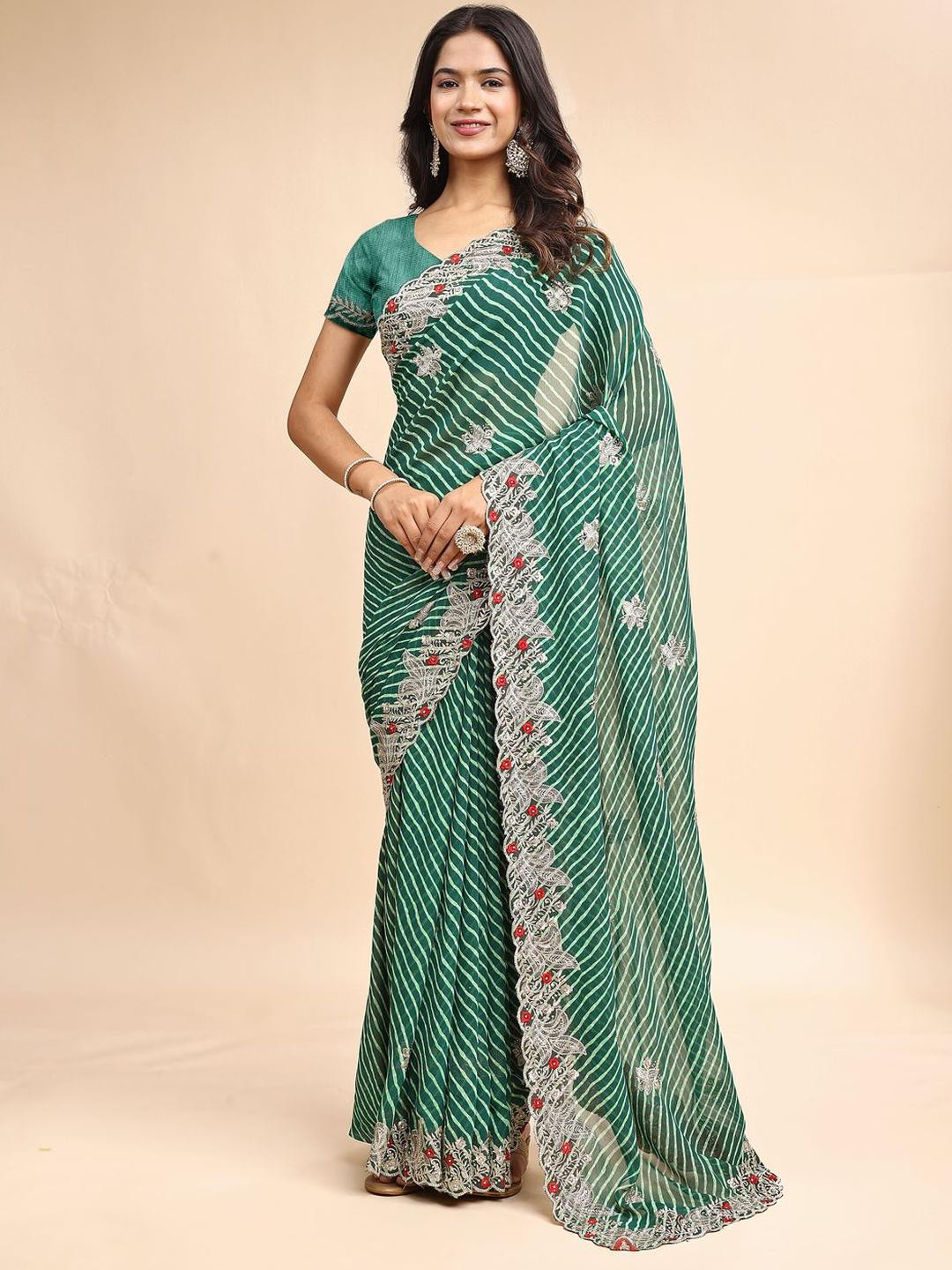 TINA FASHION Leheriya Emboridered Zari Pure Georgette Lehriya Saree
