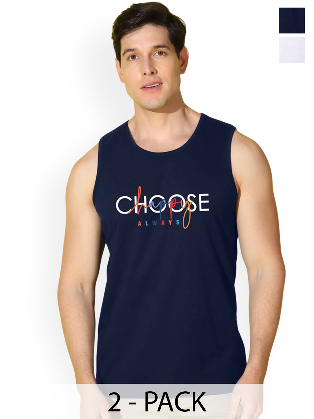 SLOWLORIS Pack Of 2 Printed Round Neck Gym Vests VSL26 CMB(CHS NAVY)(ADV WHITE)