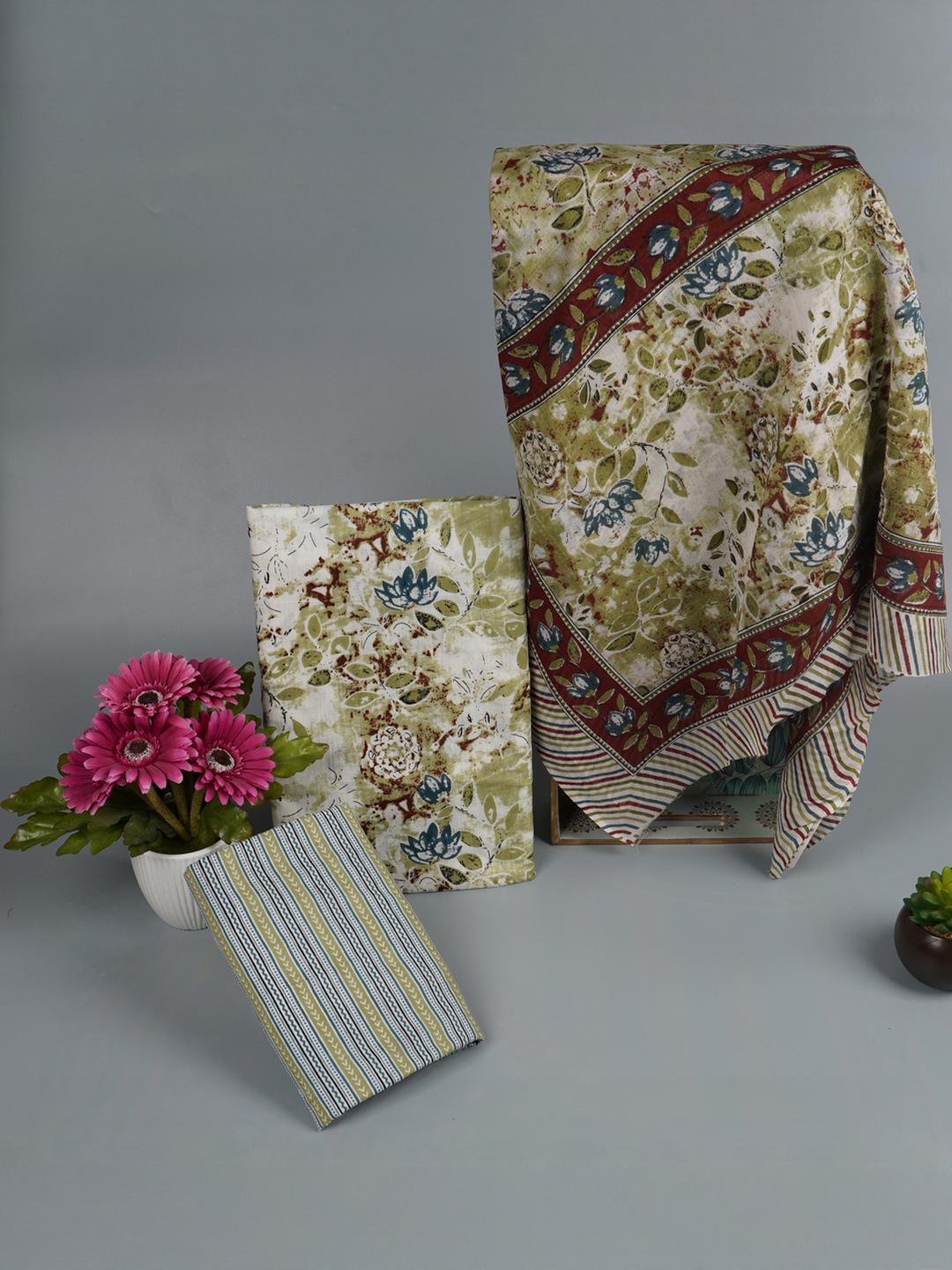 Kwatchi Women Light Green Printed Pure Cotton HandBlock Unstitched Dress Material