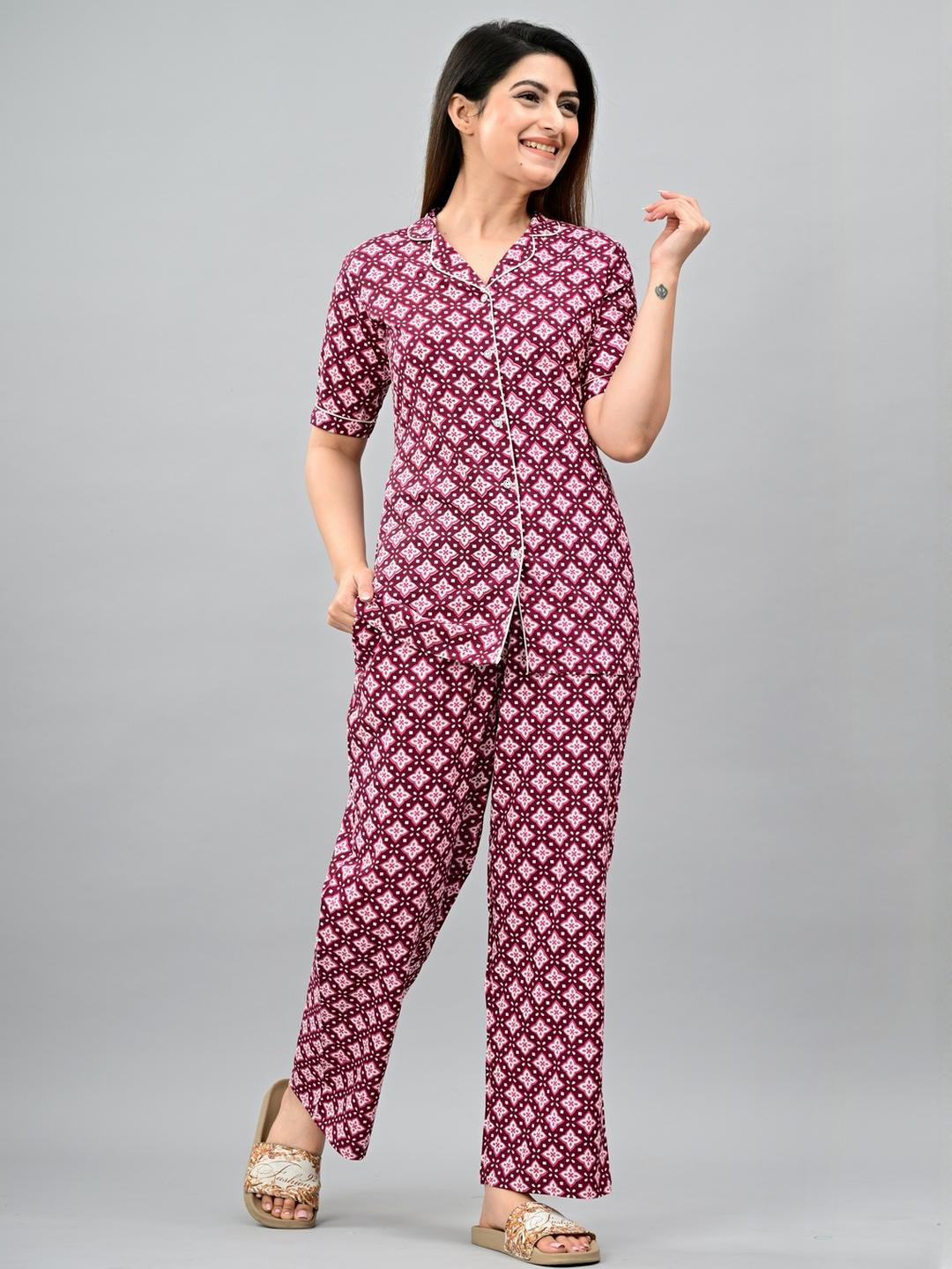 Mintmarie Women Maroon Floral Printed Rayon Lapel Collar Shirt & Slip-On Pyjama Night Suit