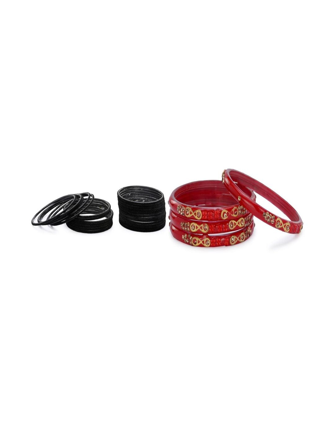 SOMIL Set of 28 Black and Red Glass Artificial Stones Bangles