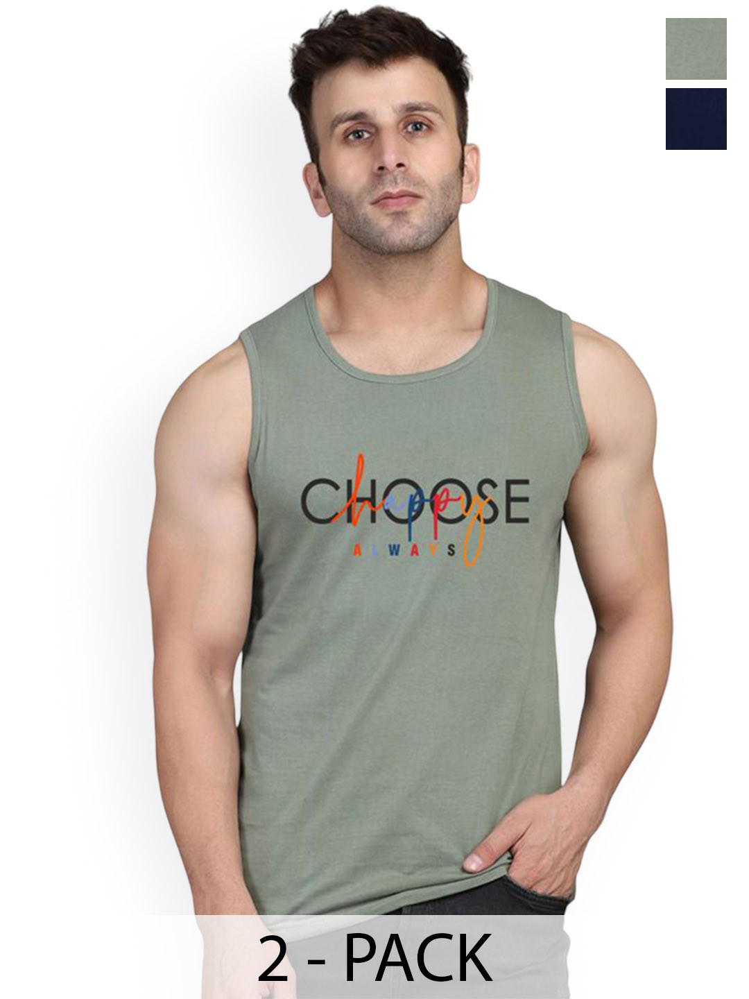 SLOWLORIS Pack Of 2 Printed Combed Cotton Gym Vests VSL26 CMB(CHS LGTGREEN)(JUST NAVY)