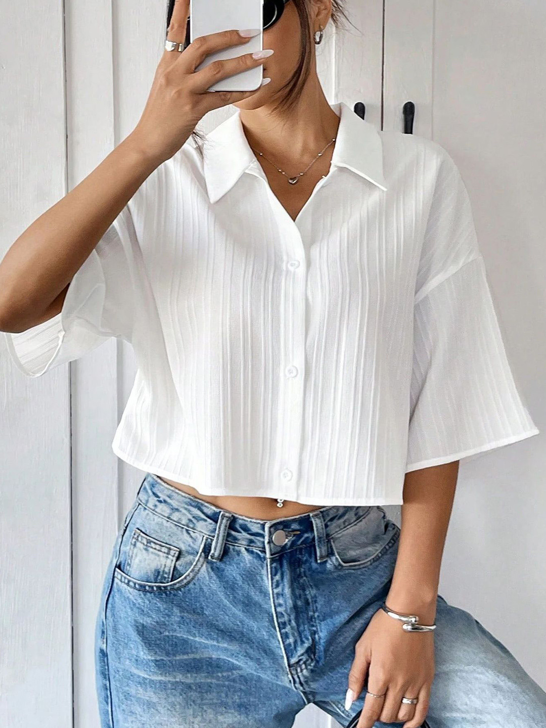 StyleCast x Revolte Striped Shirt Collar Shirt Style crop Top