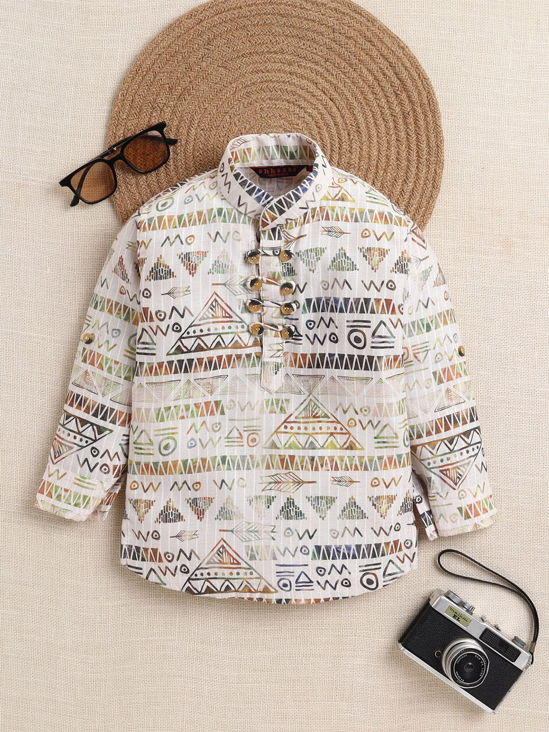 ahhaaaa Boys Tribal Printed Mandarin Collar Kurta