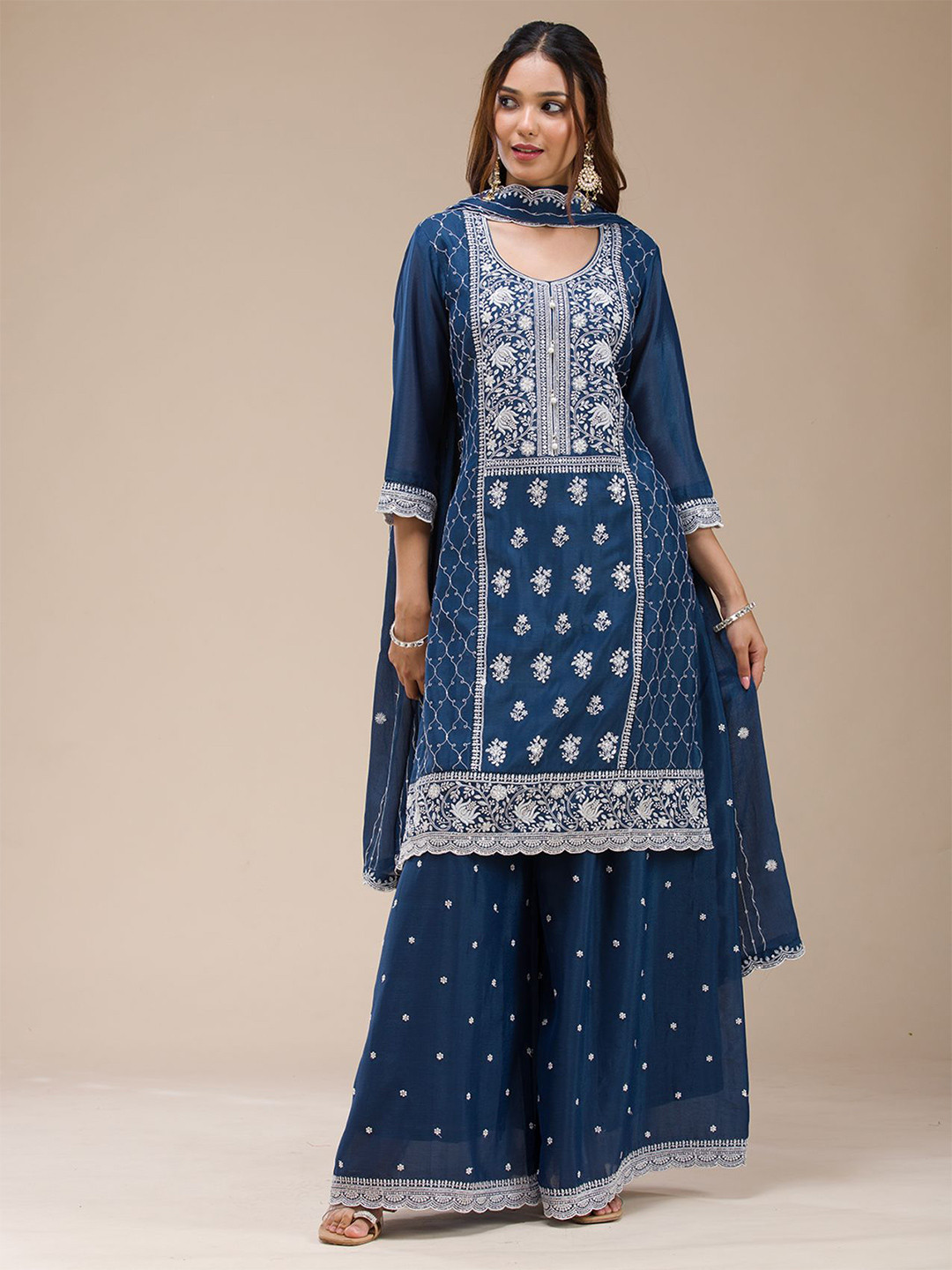 Koskii Women Navy Blue Threadwork Chinon Readymade salwar suit