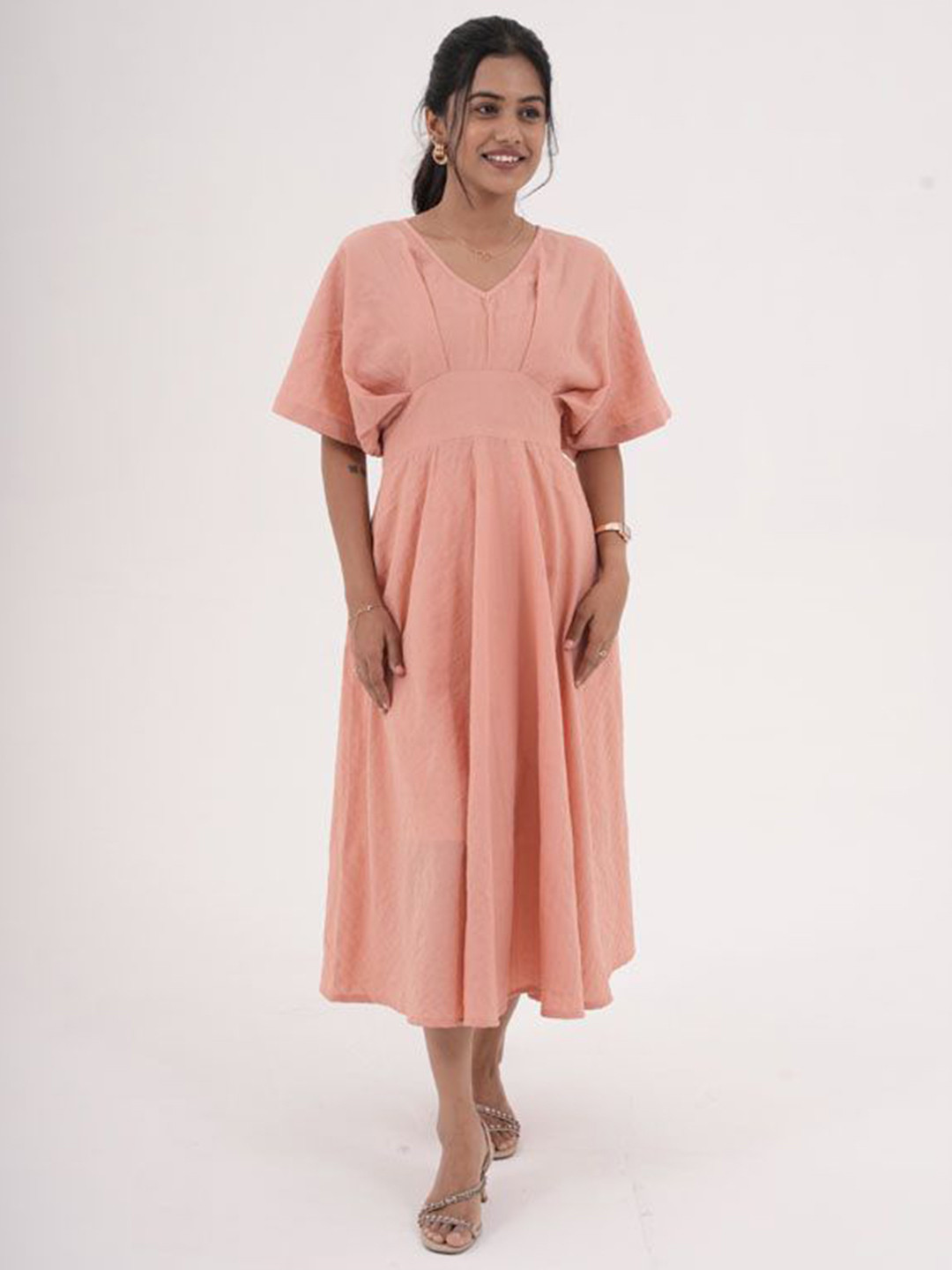 Eilaa Women V-Neck Flared Sleeves Empire Midi Dress