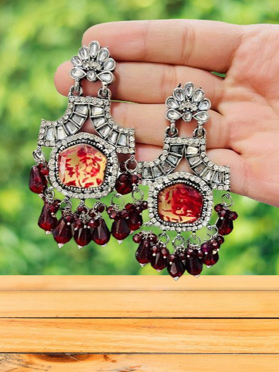 OPUS GEMS Artificial Stones Studded And Beaded Geometric Shaped Drop Earrings