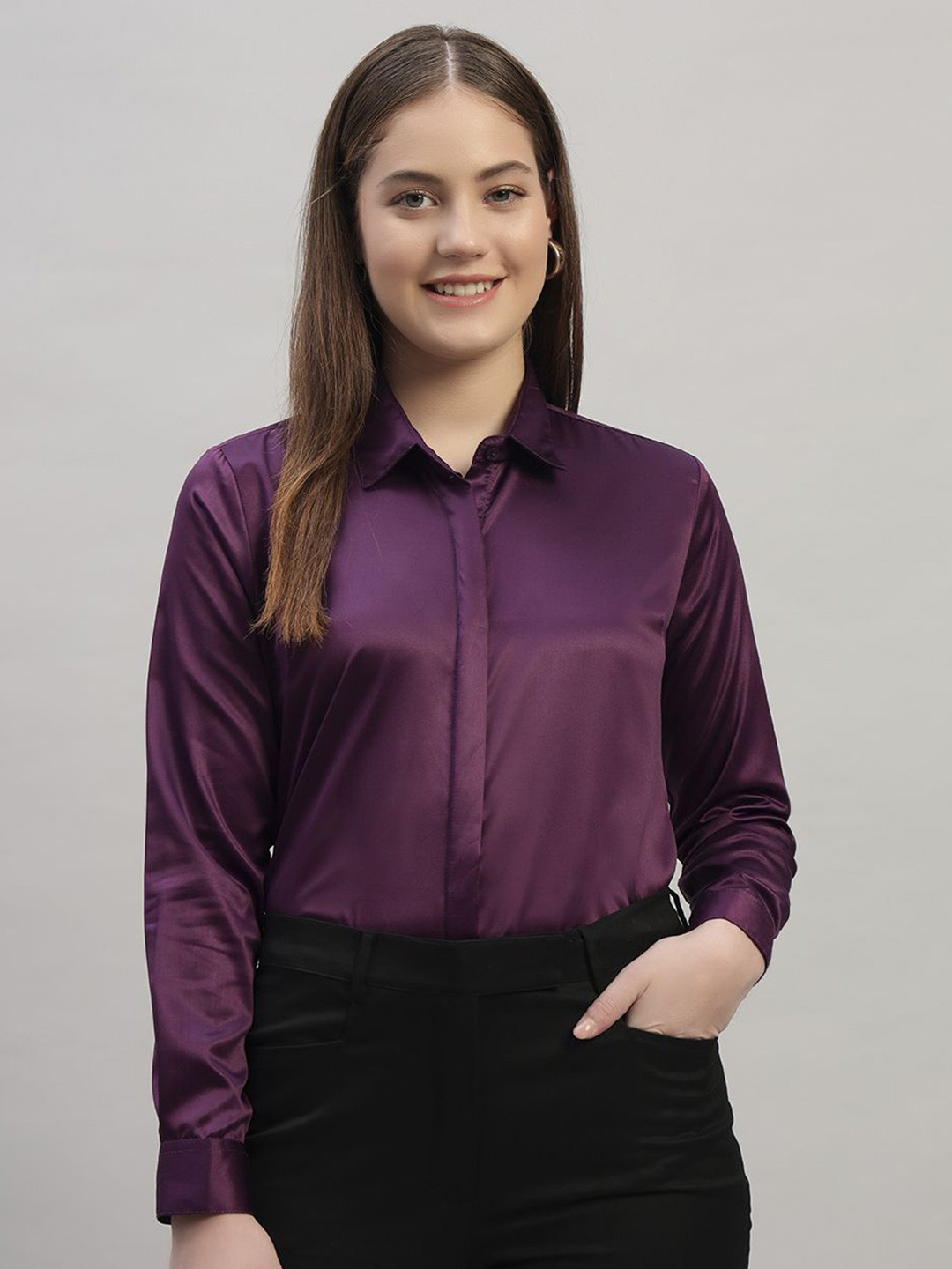 SWAZ Women Burgundy Regular Fit Solid Spread Collar Satin Formal Shirt