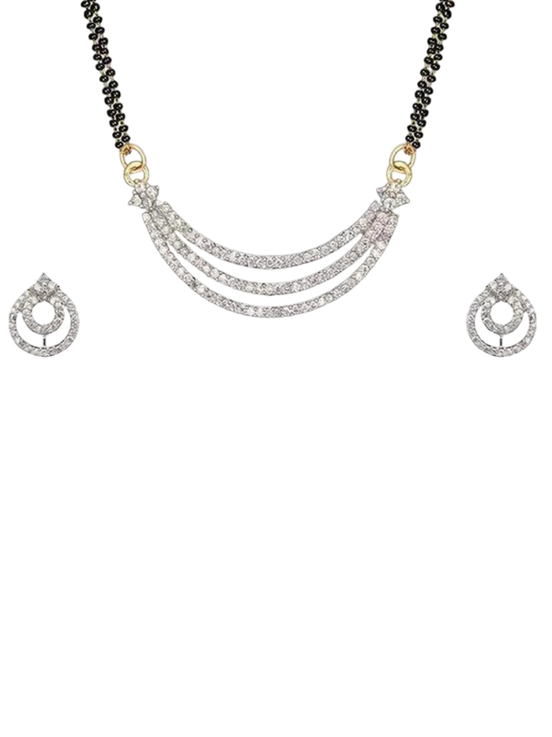 Arjun Traders Silver-Plated Artificial Stones Studded And Beaded Mangalsutra With Earrings