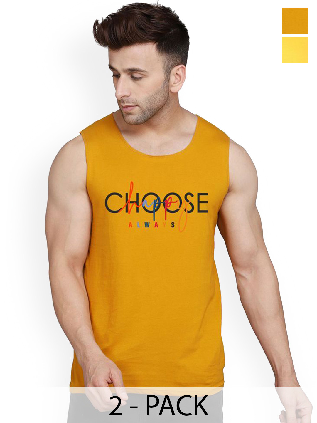 SLOWLORIS Pack Of 2 Printed Combed Cotton Gym Vest  VSL26 CMB(CHS MUSTARD)(LOOK YELLOW)