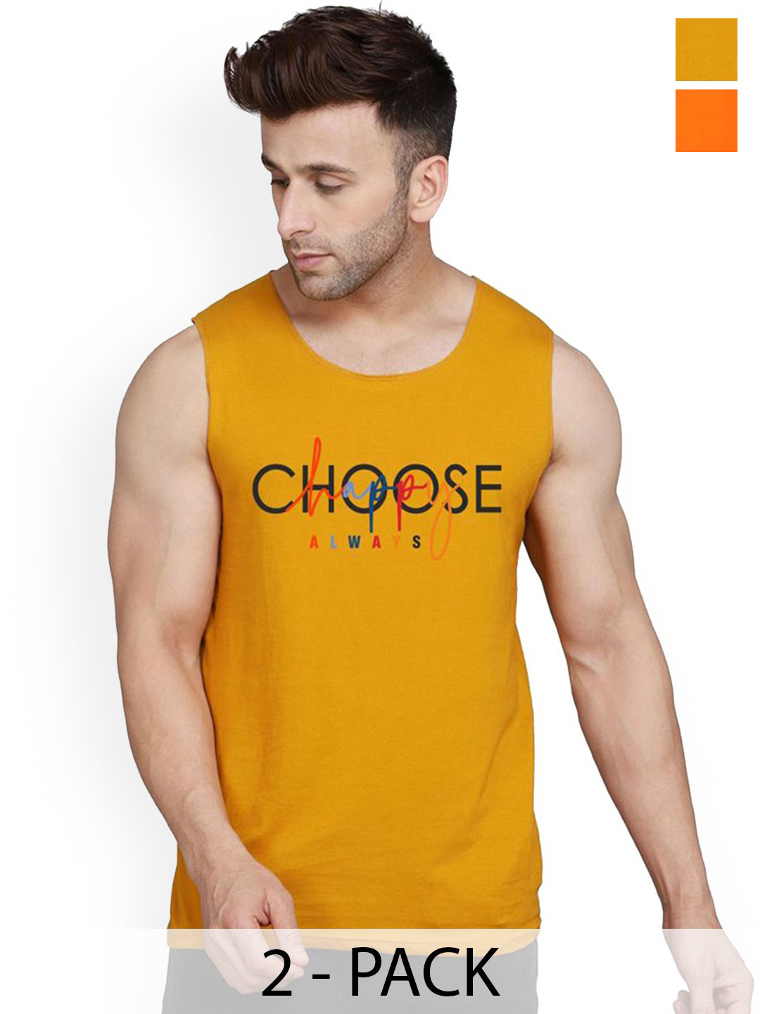 SLOWLORIS Pack Of 2 Printed Round Neck Gym Vests VSL26 CMB(CHS MUSTARD)(LOOK ORANGE)