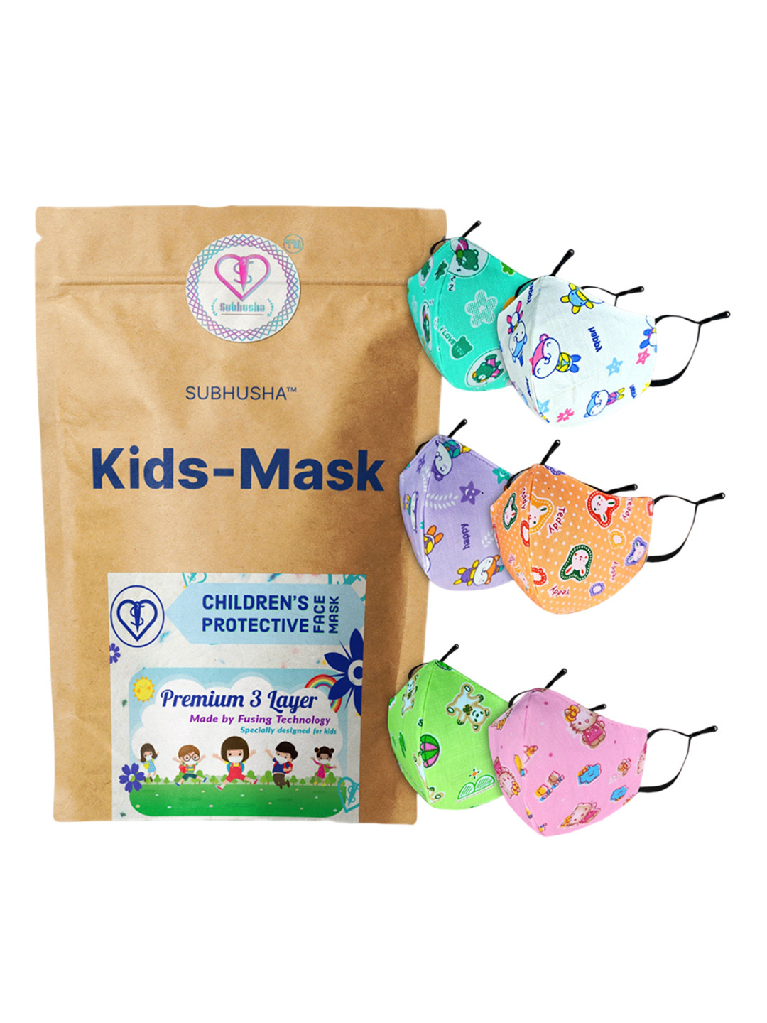 SUBHUSHA Kids Pack Of 6 Printed 3 Layer Cartoon Kids Outdoor Masks