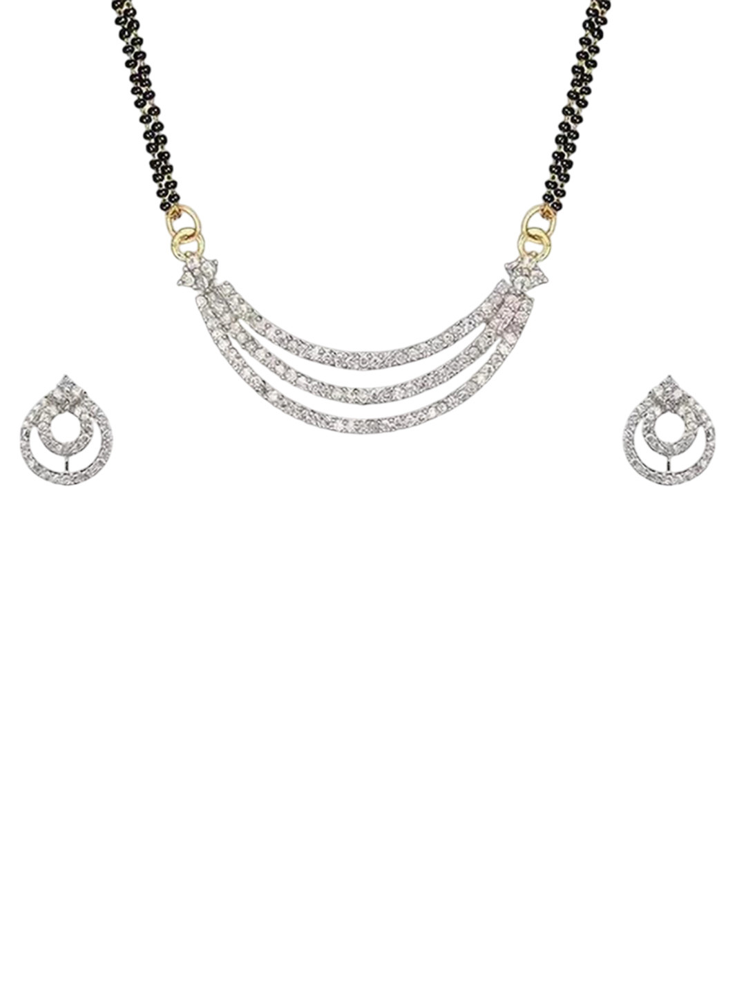 Bsint Silver Plated Artificial Stones Studded & Beaded Mangalsutra With Earrings