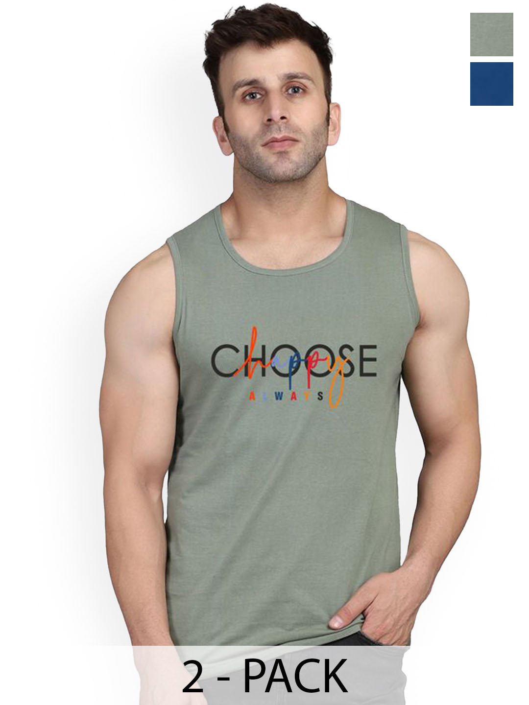 SLOWLORIS Pack Of 2 Printed Combed Cotton Gym Vests VSL26 CMB(CHS LGTGREEN)(KEEP BLACKPEAC