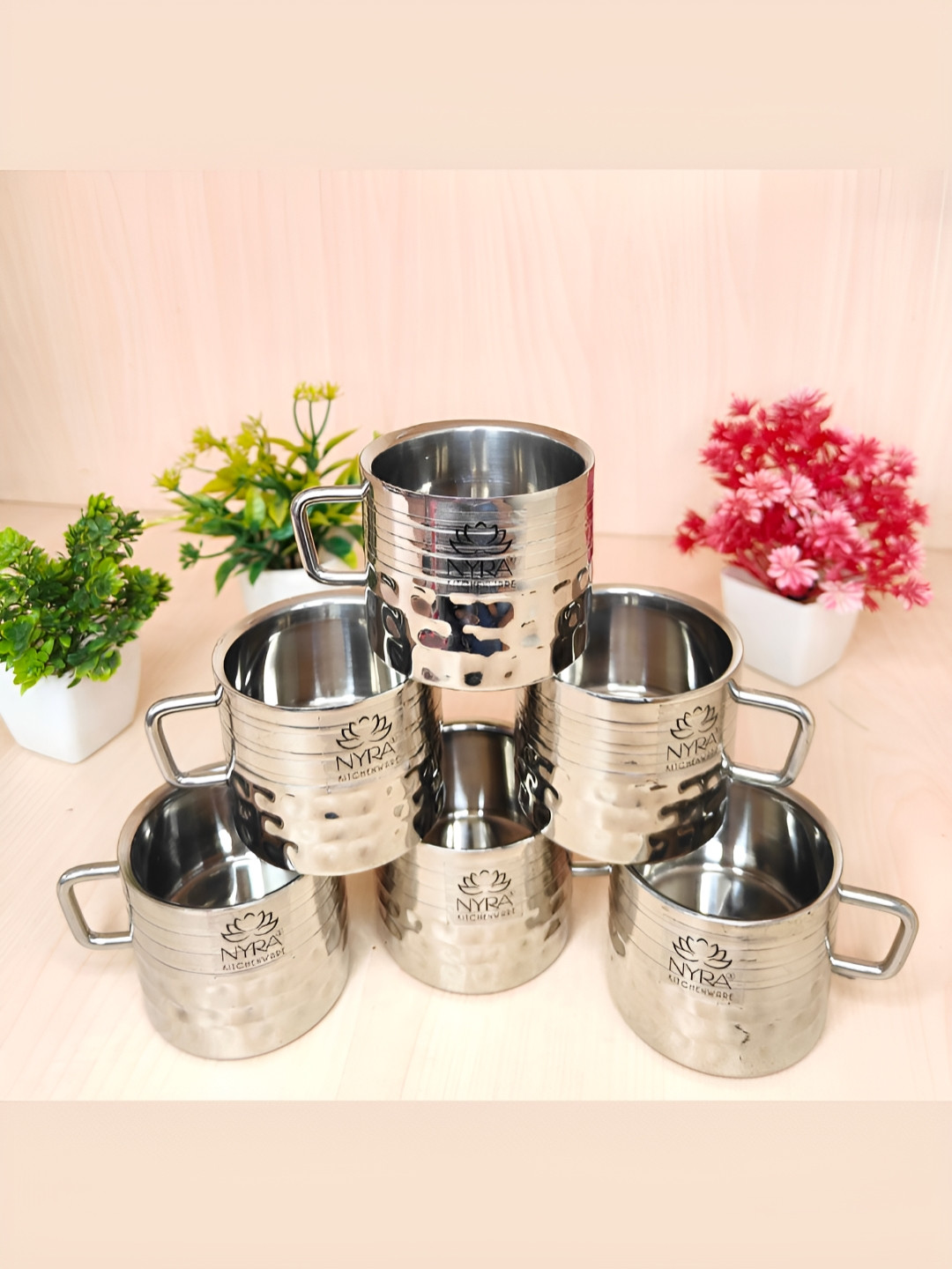 Nyra Kitchenware Silver Toned 6 Pieces Textured Cups With Handles-120ml Each