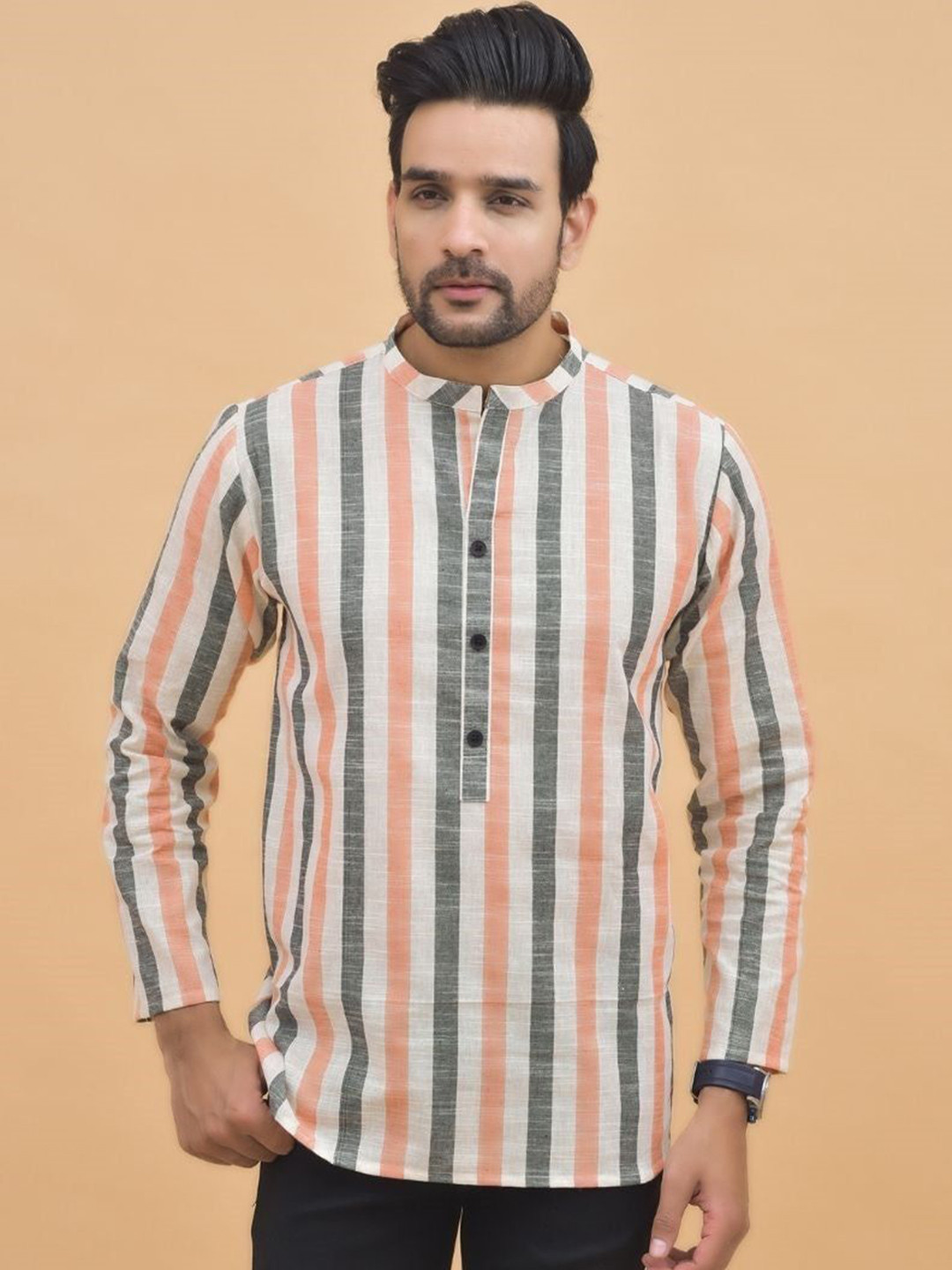 Anouk Rustic Striped Shirt Collar Pure Cotton Handloom Kurti