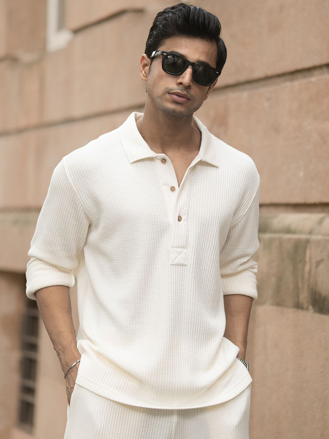 Powerlook Structured Knit Shirt Collar Neck T-Shirt With Trousers Co-Ords