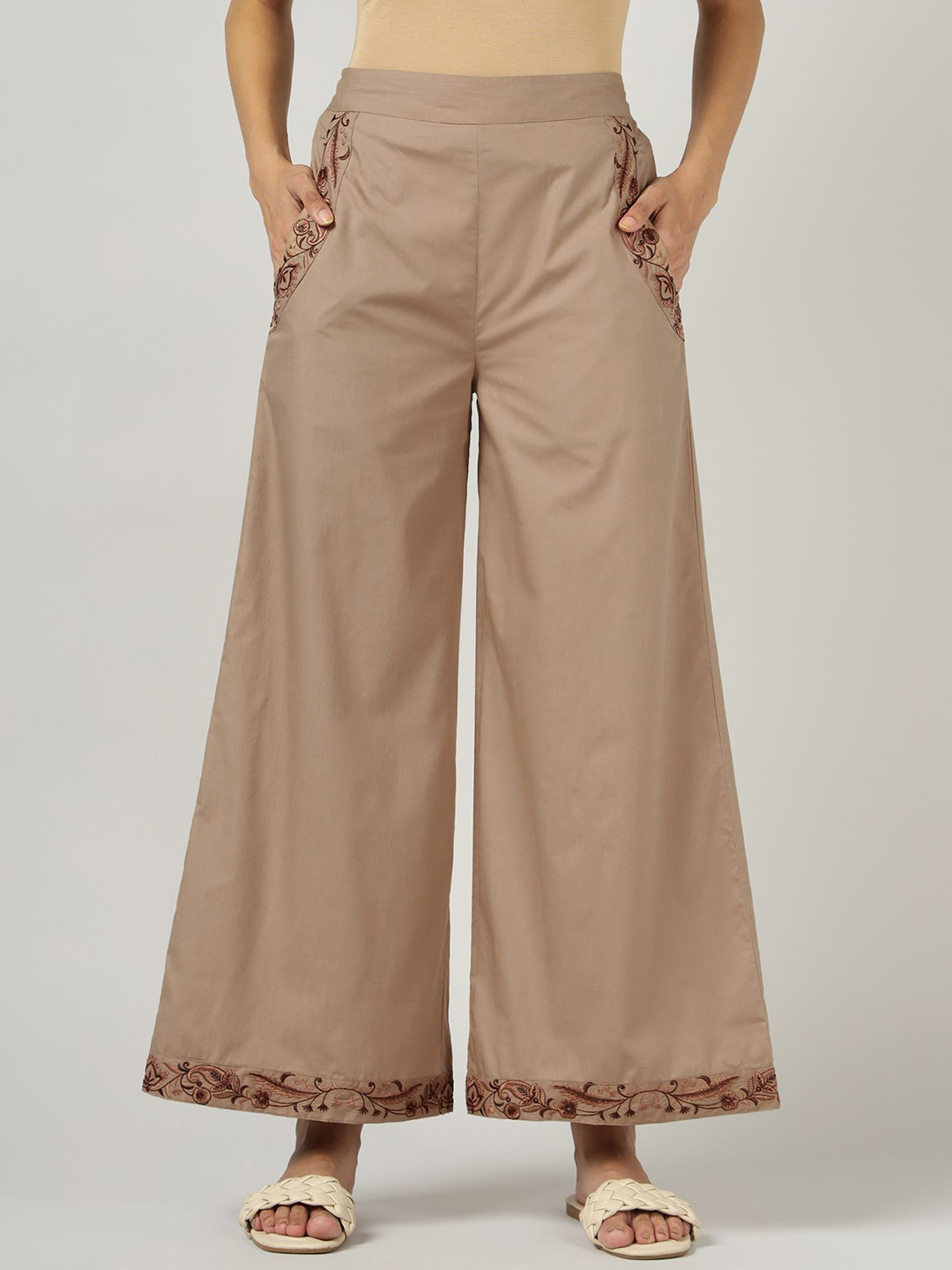 Sands of India Mocha Embroidered Wide-Leg Trouser