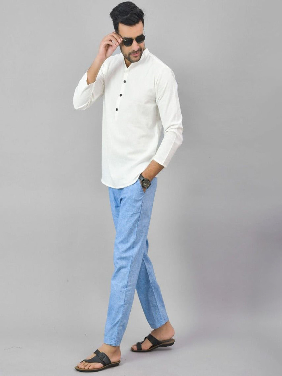 Anouk Rustic Men Cotton Mandarin Collar Neck Straight Short Kurta