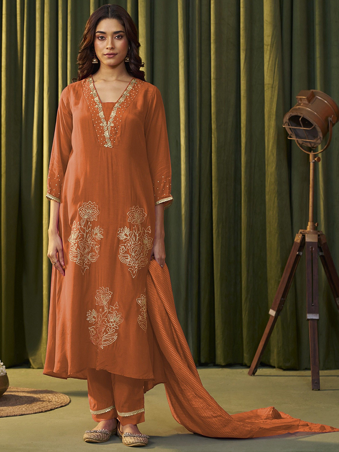 AUTUMN LANE Albeli Apricot Floral Embroidered Thread Work Kurta With Trousers & Dupatta