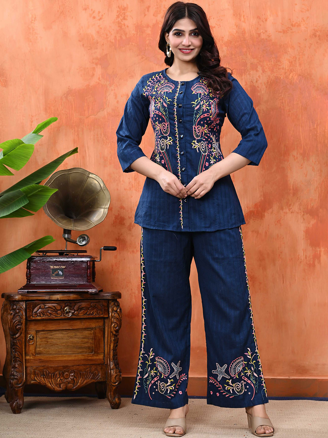 Cloth Bites Embroidered Pure Cotton Top With Trousers Co-Ords