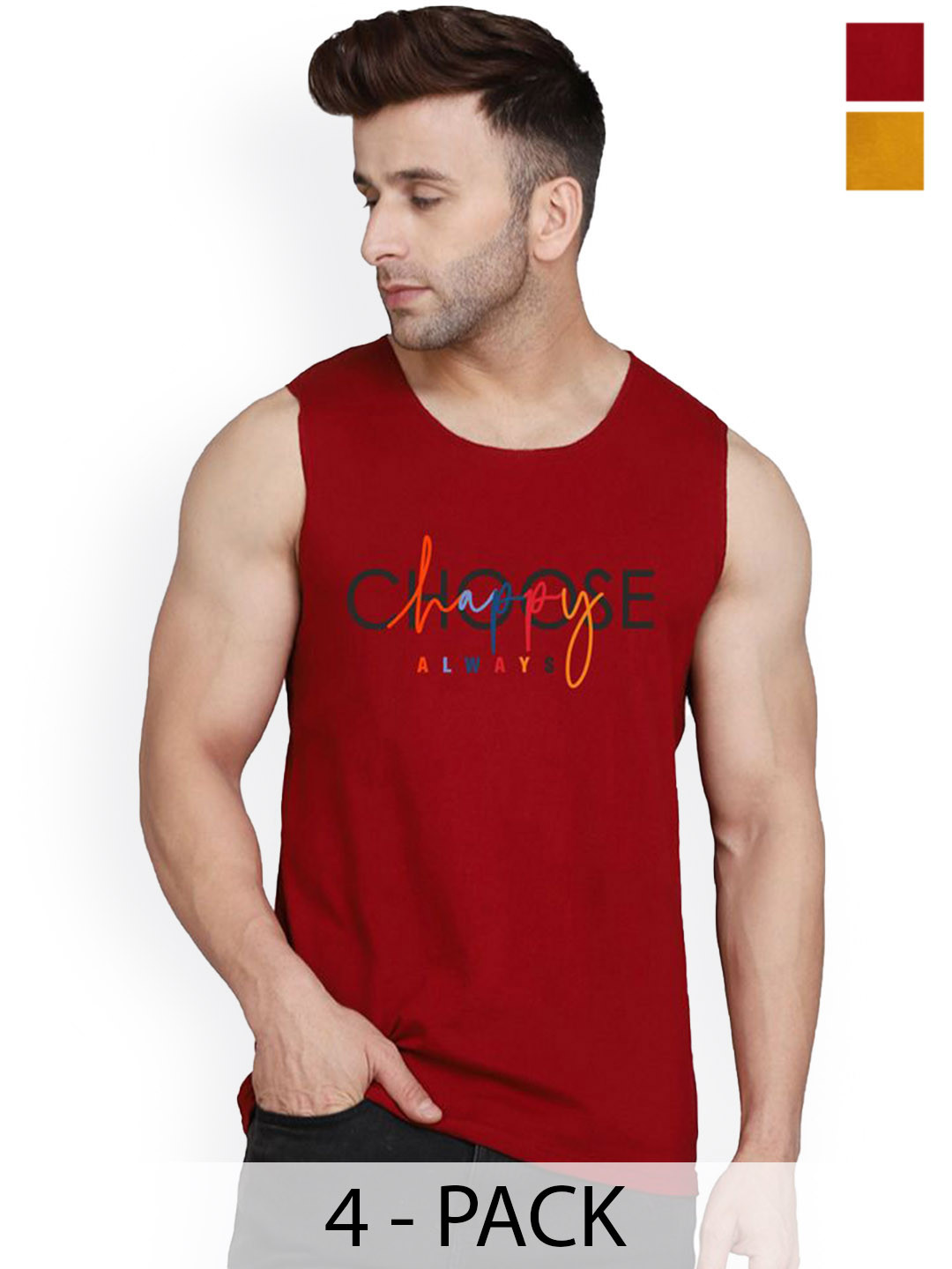 SLOWLORIS Pack Of 2 Printed Combed Cotton Gym Vests VSL26 CMB(CHS MAROON)(LOOK MUSTARD)