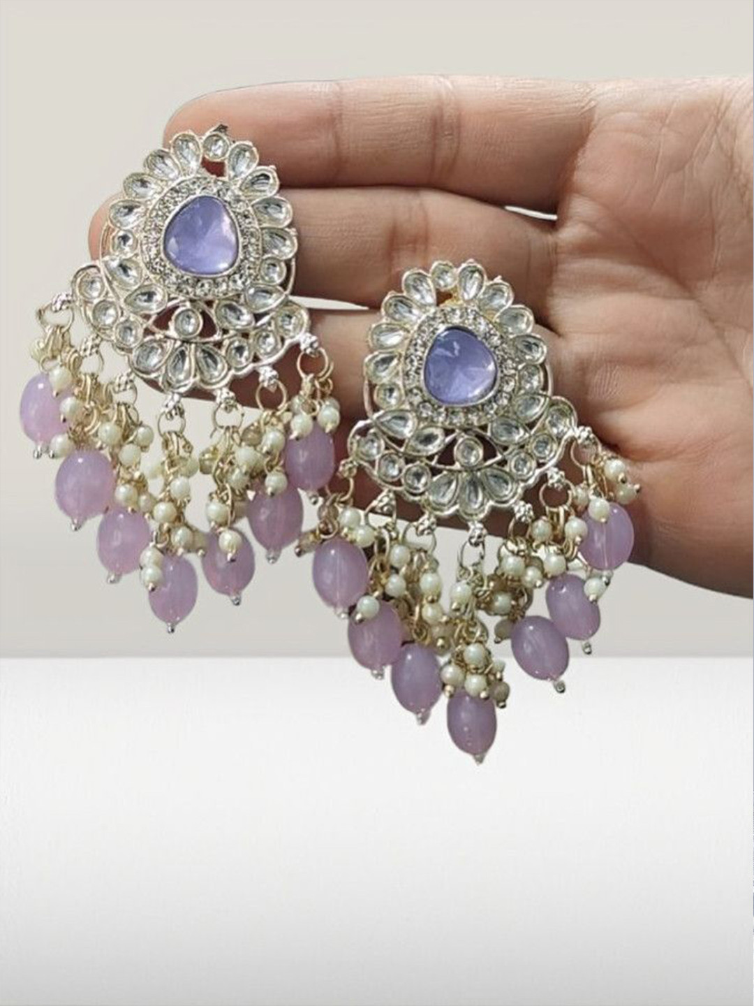 OPUS GEMS Stones Studded and Pearls Beaded Contemporary Chandelier Drop Earrings
