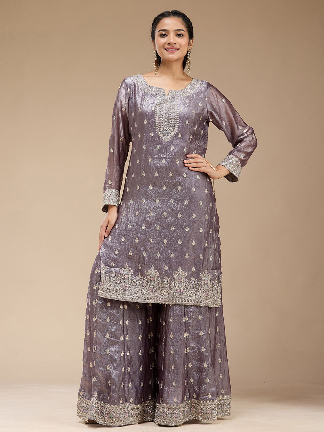 Koskii Women Dark Lavender Zariwork Tissue Readymade Salwar Suit